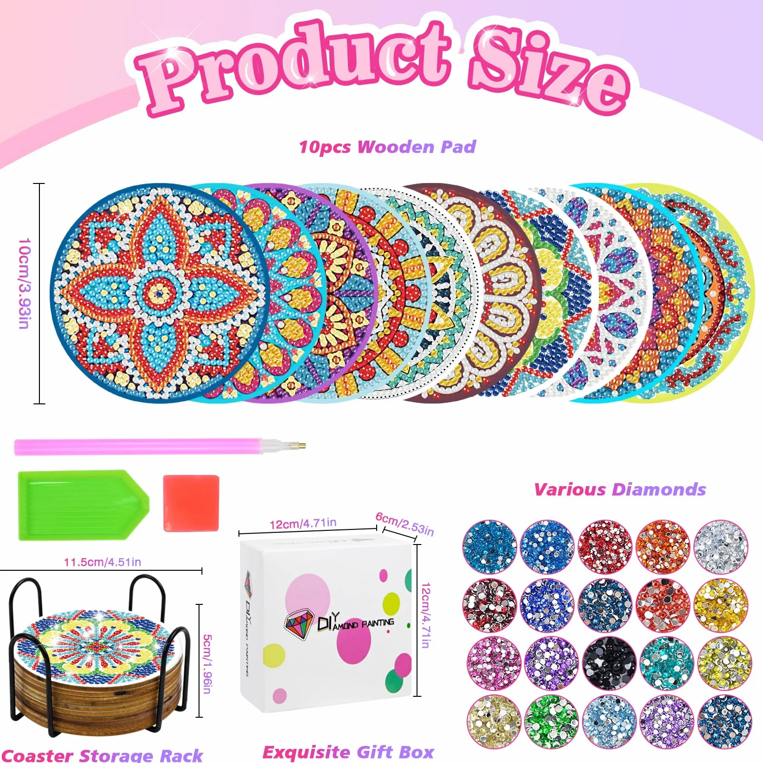 Posavasos con Soporte Antideslizantes Mandala Pintura Diamantes 10PCS Regalo Inauguración