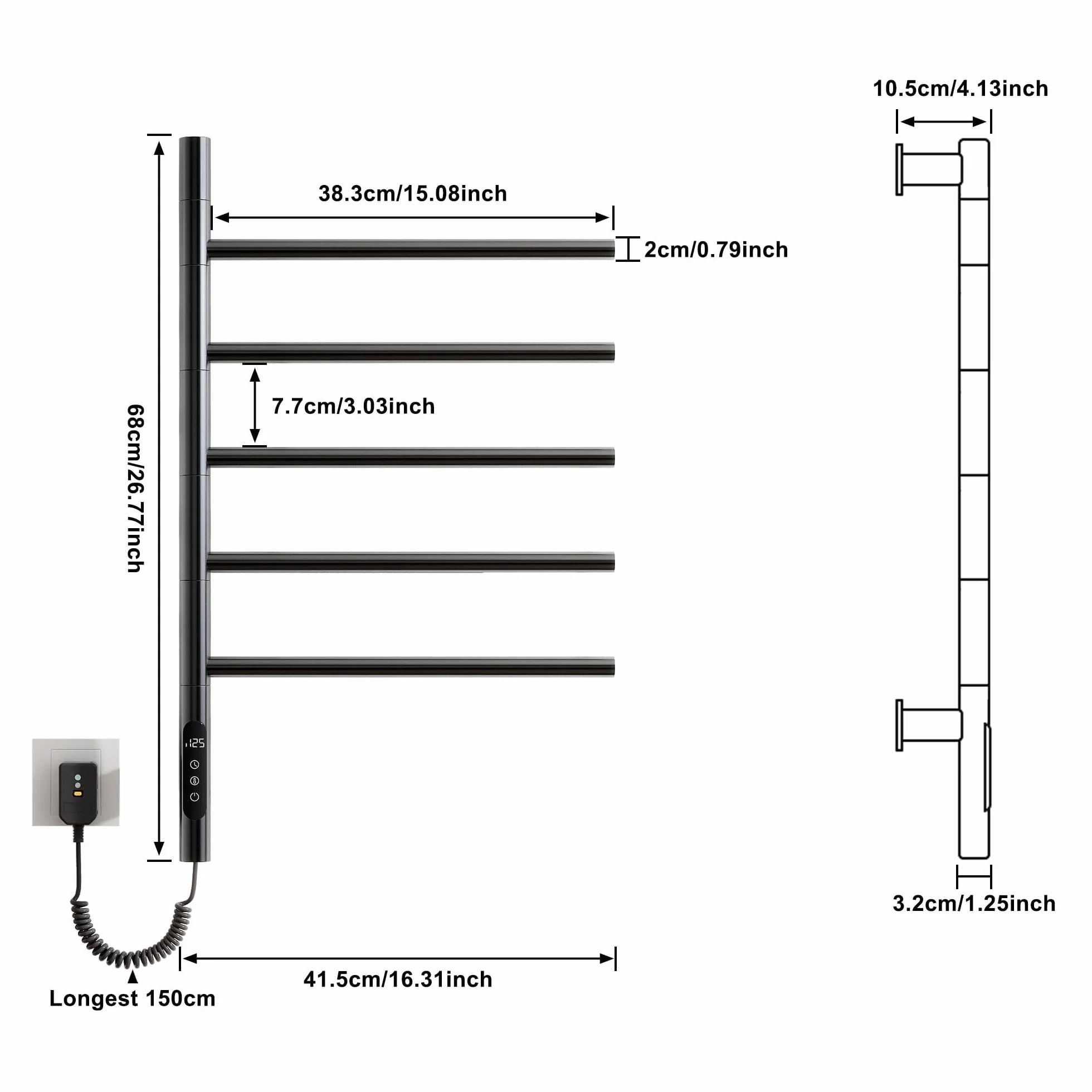Radiador Toallero Eléctrico para Baño, Rotación de 180° Secatoallas eléctrico, 415 x 680mm, 85W, WiFi Negro Toallero Electrico Baño, Calentador Toallas, Secatoallas, Ahorro de energía-G63 WiFi Black