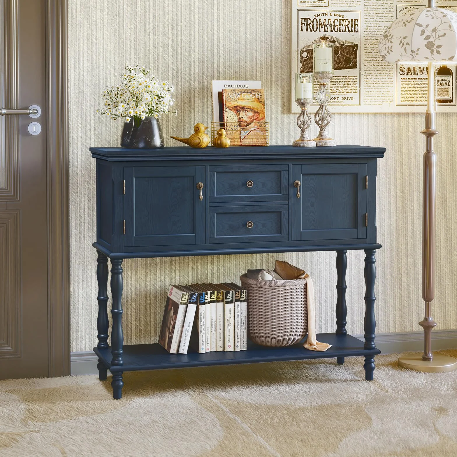 Mesa consola con cajones y armario de almacenamiento, madera azul, mesa consola estrecha con cajón, mesas consola para salón, entrada, pasillo, dormitorio