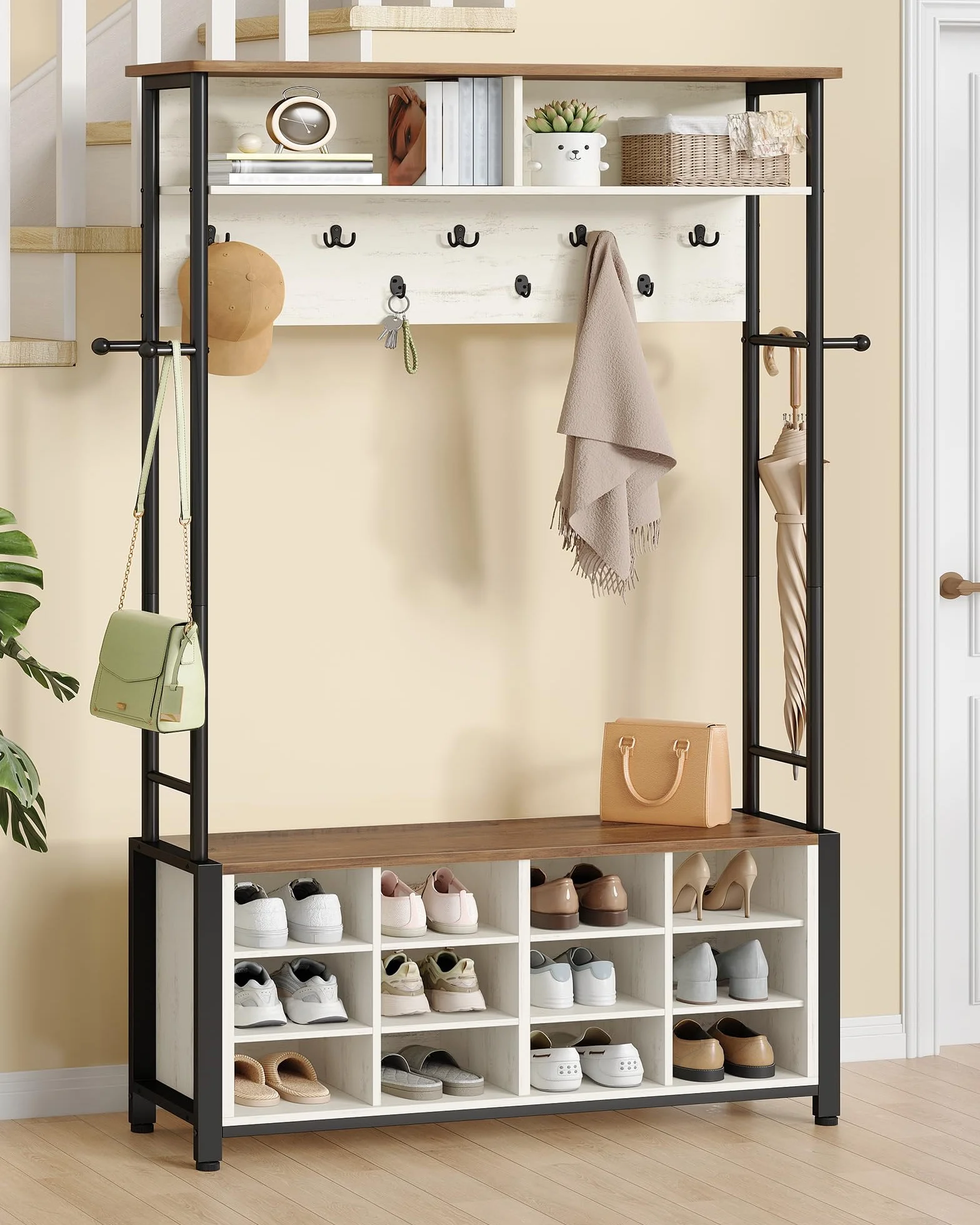 Hzuaneri Perchero Recibidor con Banco Zapatero con 12 Compartimentos, 13 Ganchos, 31 x 110 x 187 cm, Industrial, para Pasillo, Entrada, Marrón y Blanco HT17914B