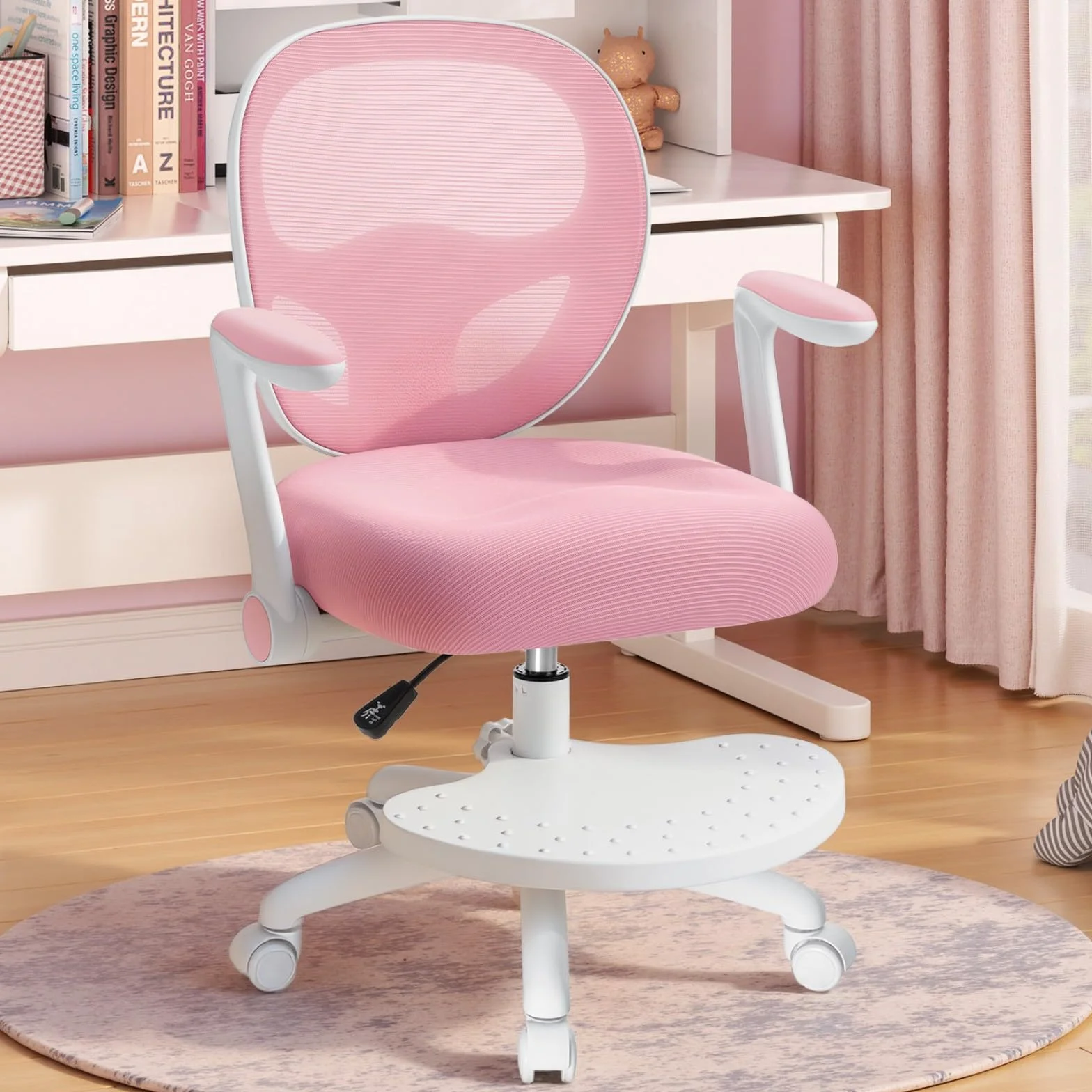 HOFFREE Silla de escritorio para niños, ergonómica, con reposabrazos plegable y reposapiés, giratoria, para niños y niñas, silla de mesa de malla para dormitorio, libros, rosa