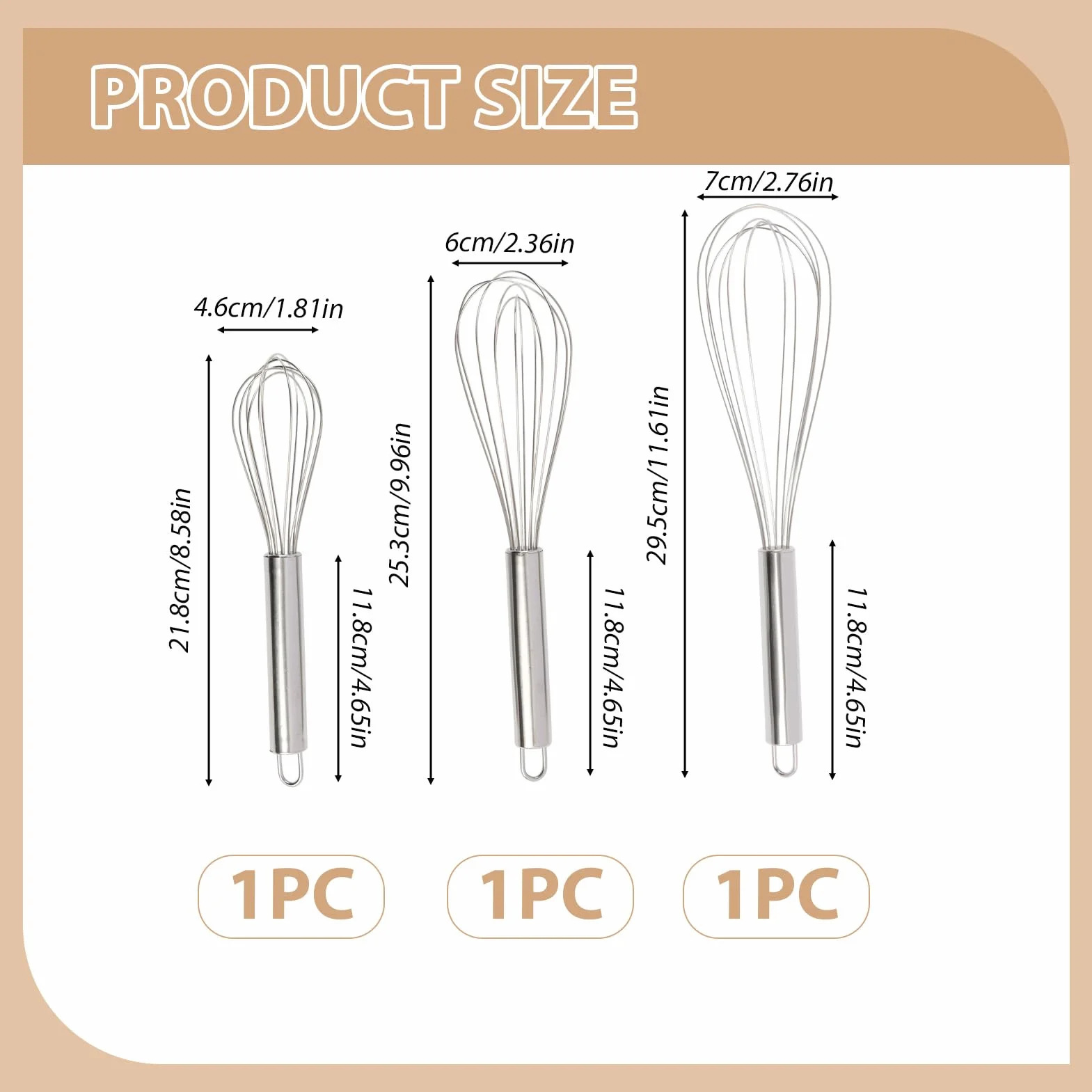 3 PCS Batidor Varillas Acero Inoxidable, Batidor Manual De Huevos Profesional Acero Inoxidable, (21cm, 25cm, 29cm), Varillas Cocina Resistentes y Barillas Batir Manual, Para Repostería y Cocina Diaria