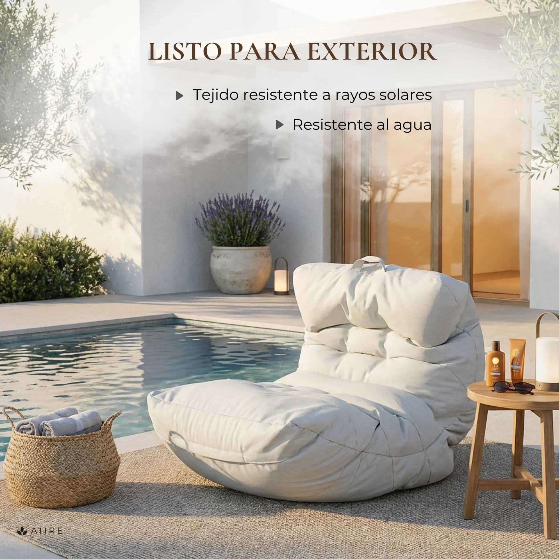 Aiire Puff Exterior Jardín Moderno - Sillón Puf XXL con Relleno Incluido de Diseño Terraza o Piscina - Outdoor Bean Bag Chair Gris Claro