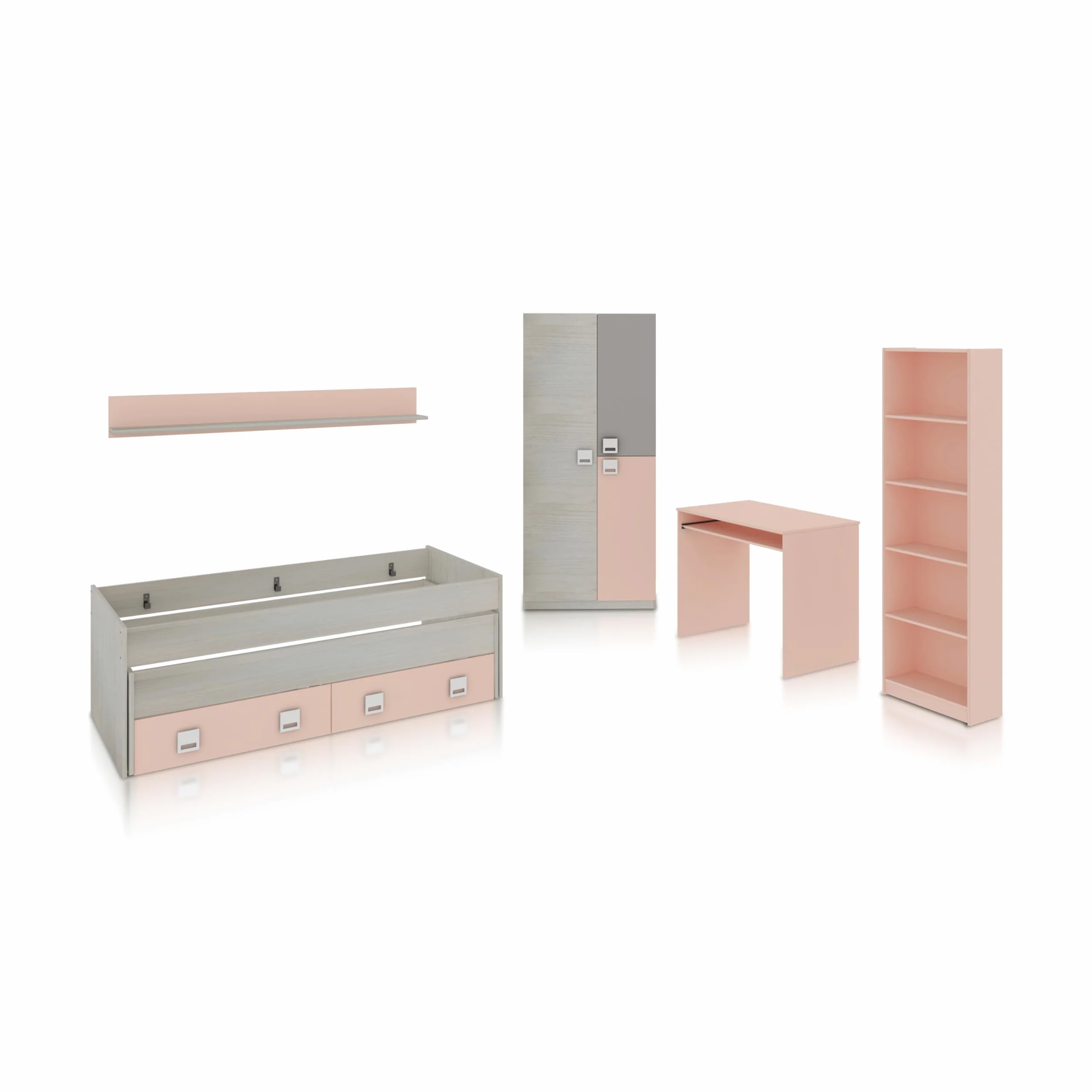 duehome | Pack de Dormitorio Juvenial con Cama Nido Juvenil, Armario, Escritorio y Estantería, Conjunto de Dormitorio Infantil, Modelo Kenia MAX, Acabado en Blanco Alpes, Rosa Pastel y Gris