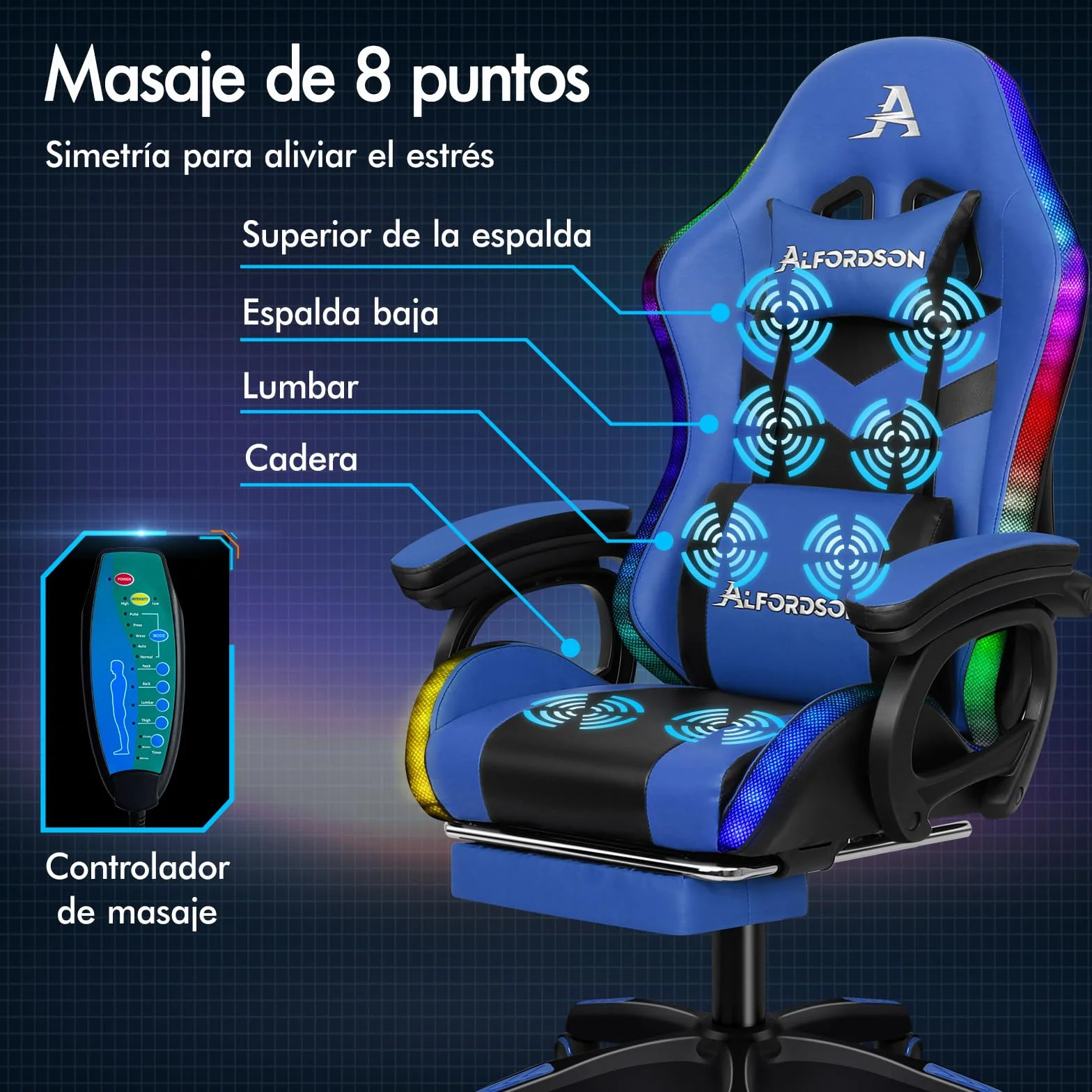 ALFORDSON Silla Gaming Ergonómica con Masaje LED y Reposapiés Telescópico, Cuero PU Azul