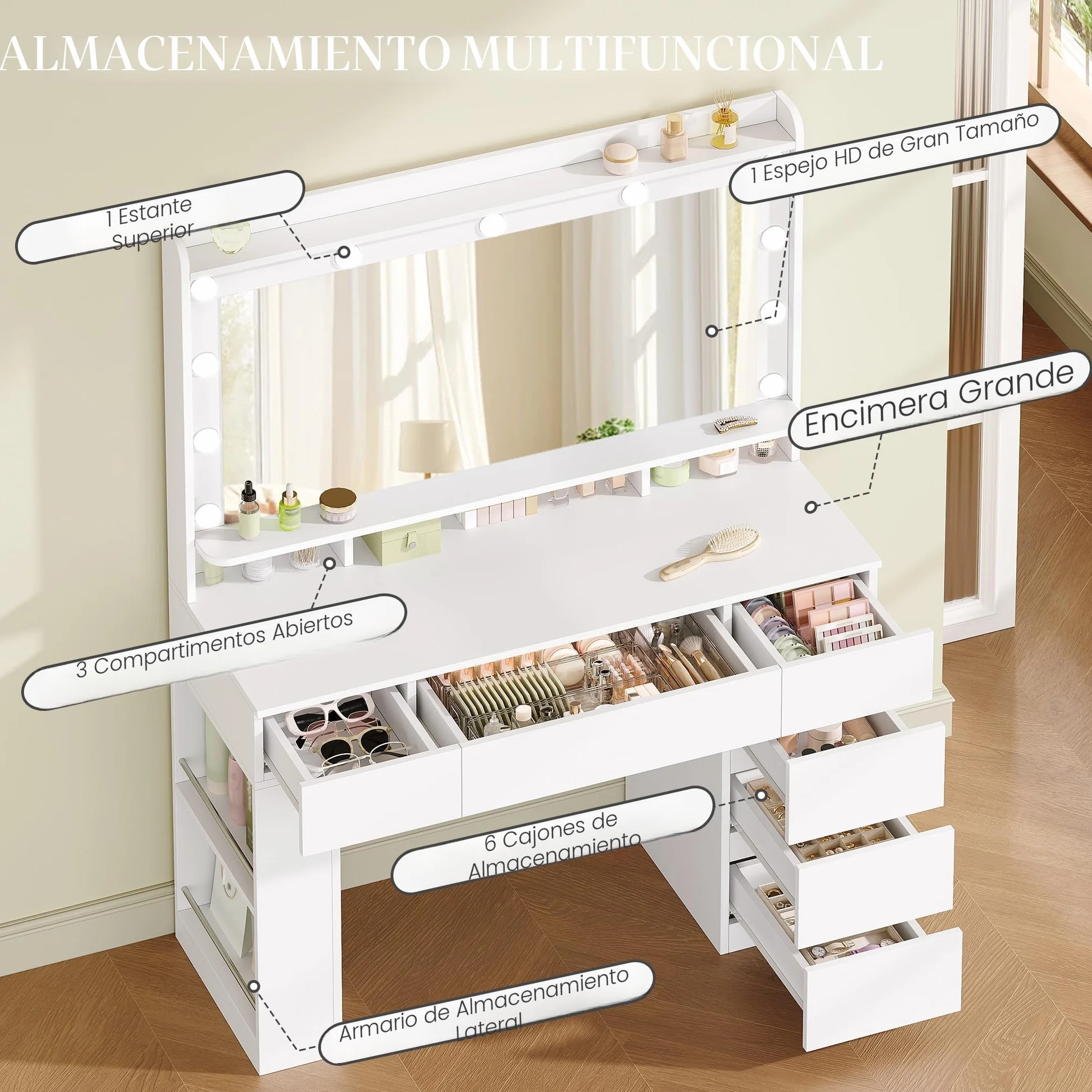 HEXCELEN 108 cm Tocador con Espejo Grande, Tocador de Maquillaje con Luz LED, Mesa de Maquillaje con 6 Cajones y Compartimento de Almacenamiento Lateral Abierto, Blanco