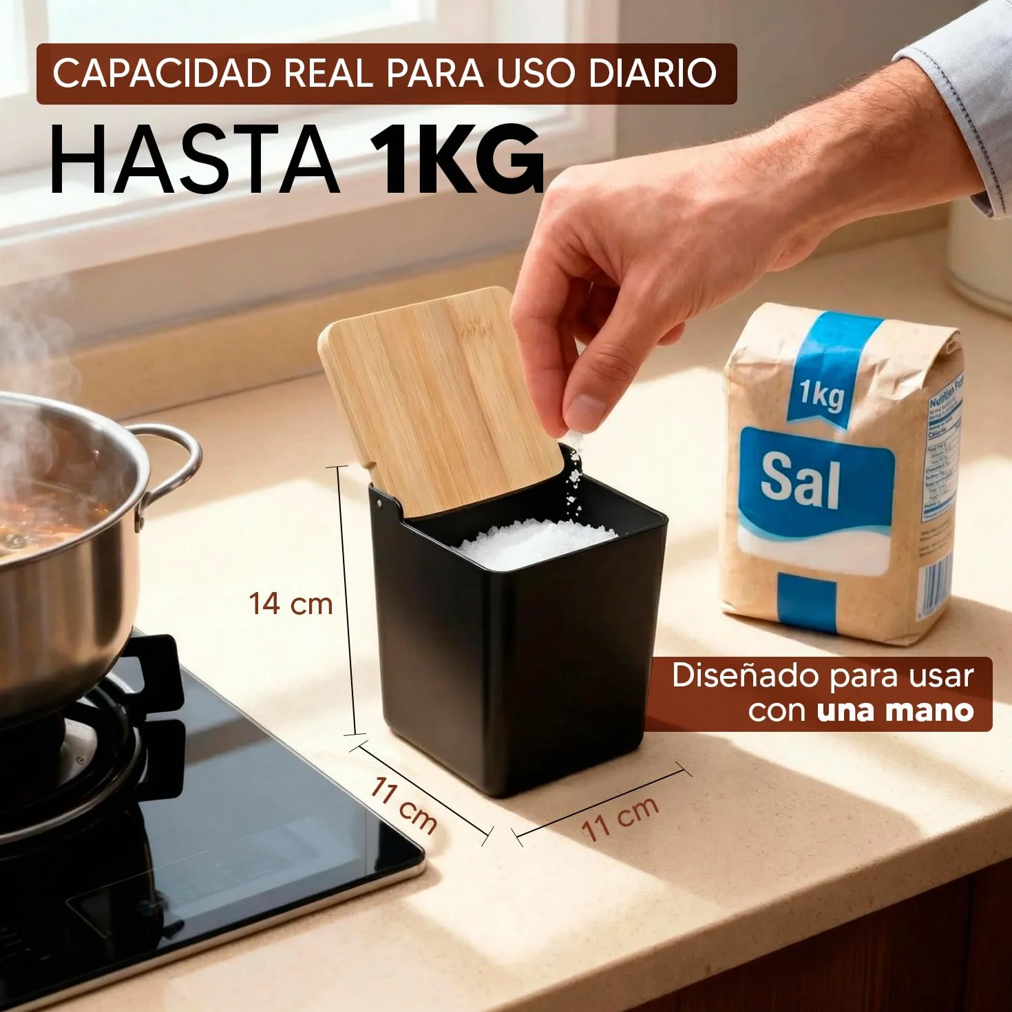 CIA&CO Salero Cocina Grande 1kg – Recipiente para Sal, Azúcar, Especias, Café – Tapa Bambú Natural – Cierre Antihumedad (NEGRO)