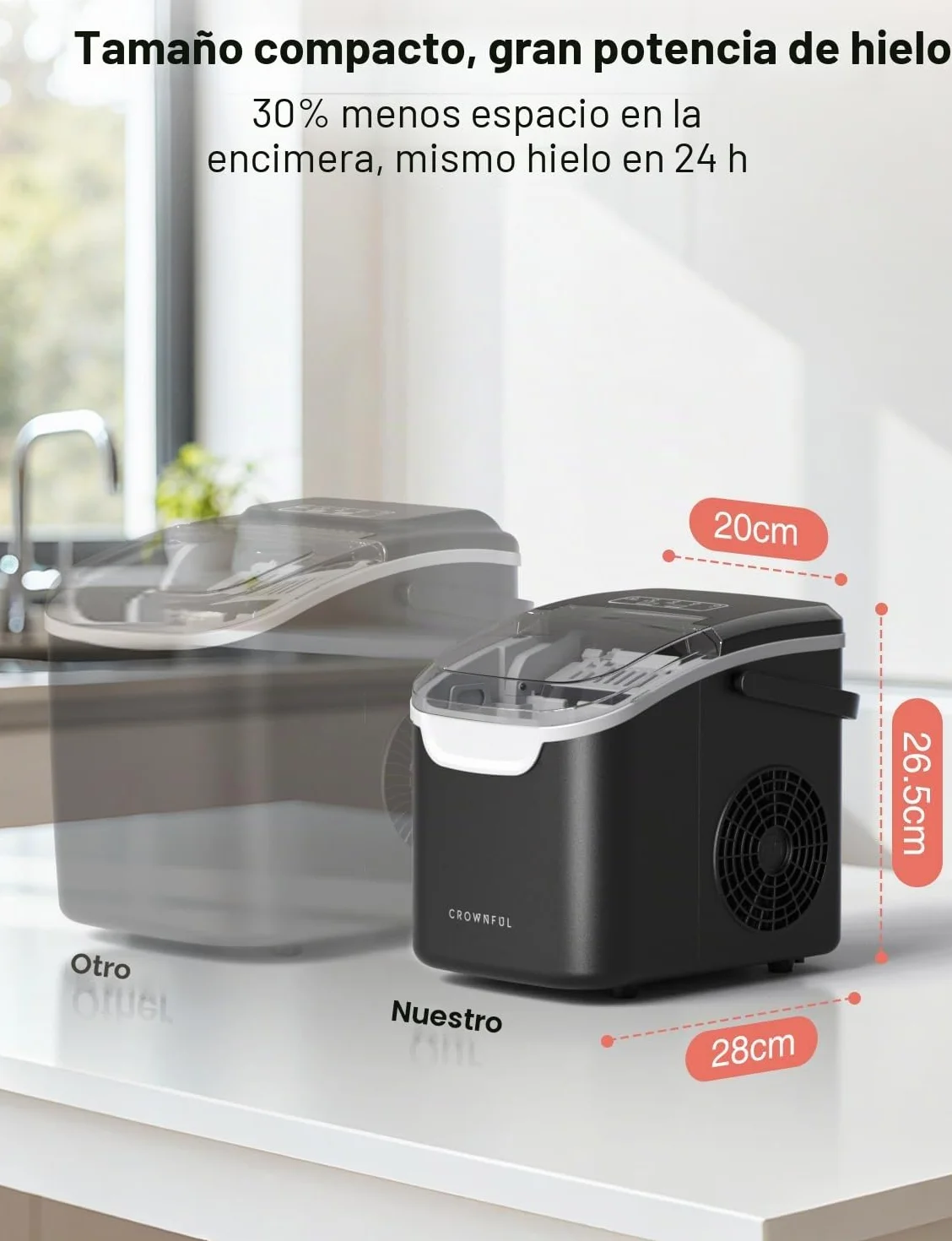 Crownful Máquina de Hielo Portátil, 6 Minutos 12kg/24h, Autolimpieza, 2 Tamaños de Cubitos, con Asa y Visor, para Casa, Cocina, Oficina, Bar y Camping en 2026