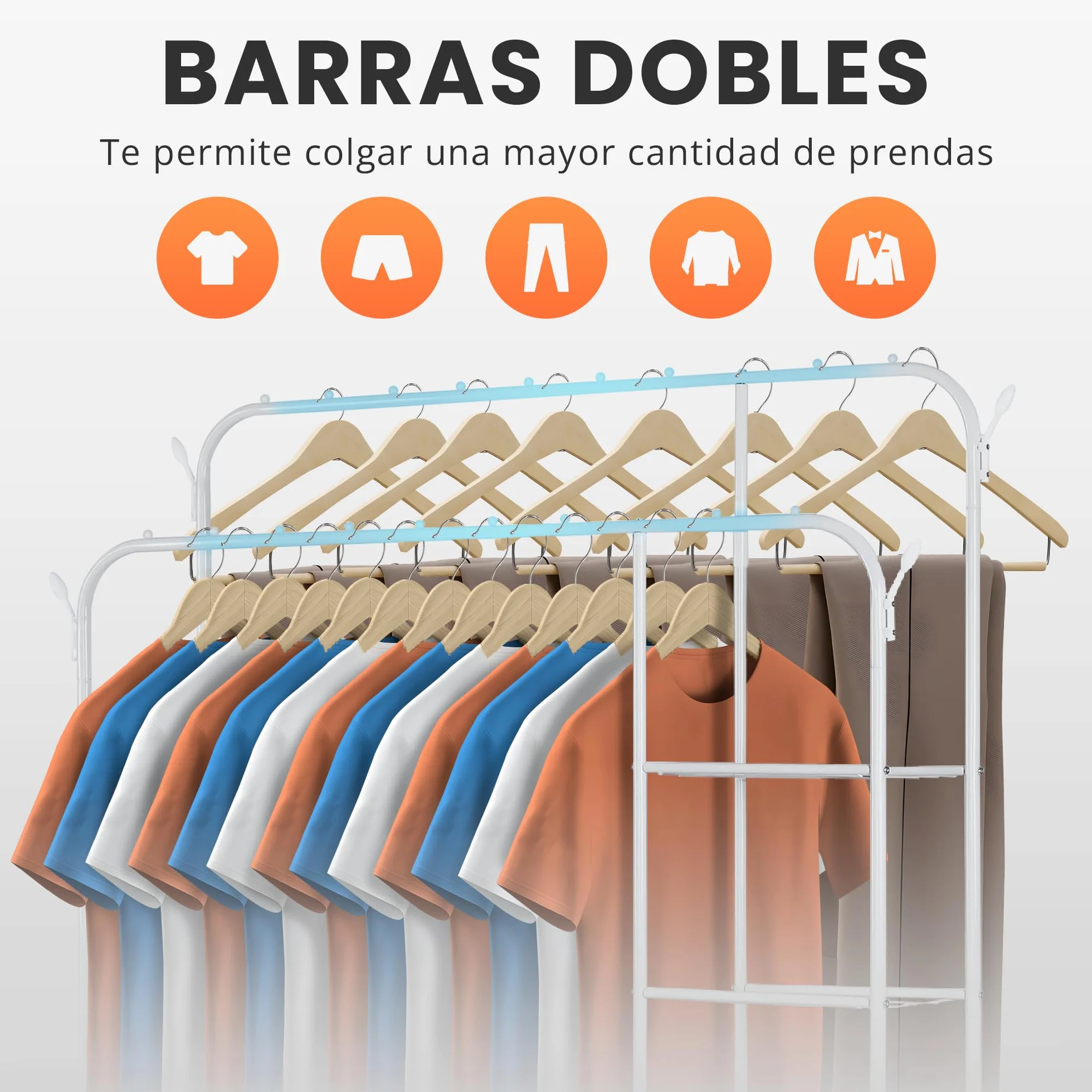 JUPPLIES Burro Ropa Resistente Perchero Doble con Soporte Ruedas Estantes Blanco