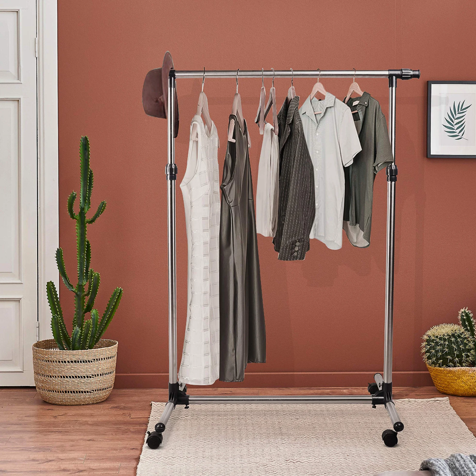 HOMCOM Perchero Acero Inox Colgador Ropa 4 Ruedas Alto y Largo Regulables 86-160 x 45 x 95-170cm
