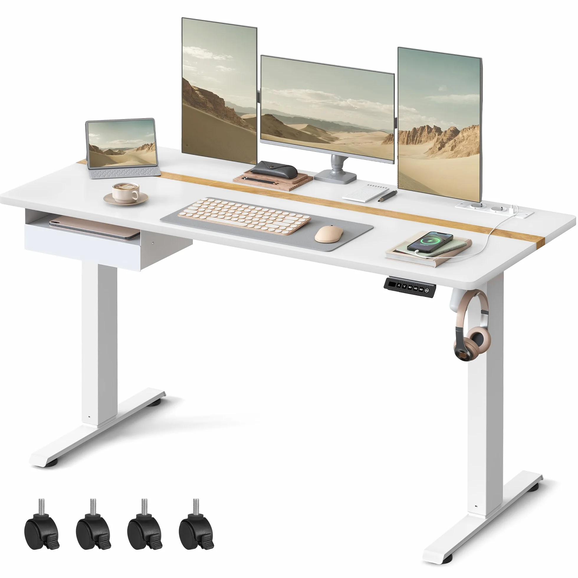 VASAGLE Escritorio Regulable en Altura 140x60 cm Mesa Eléctrica con Enchufe y Cajón Blanco