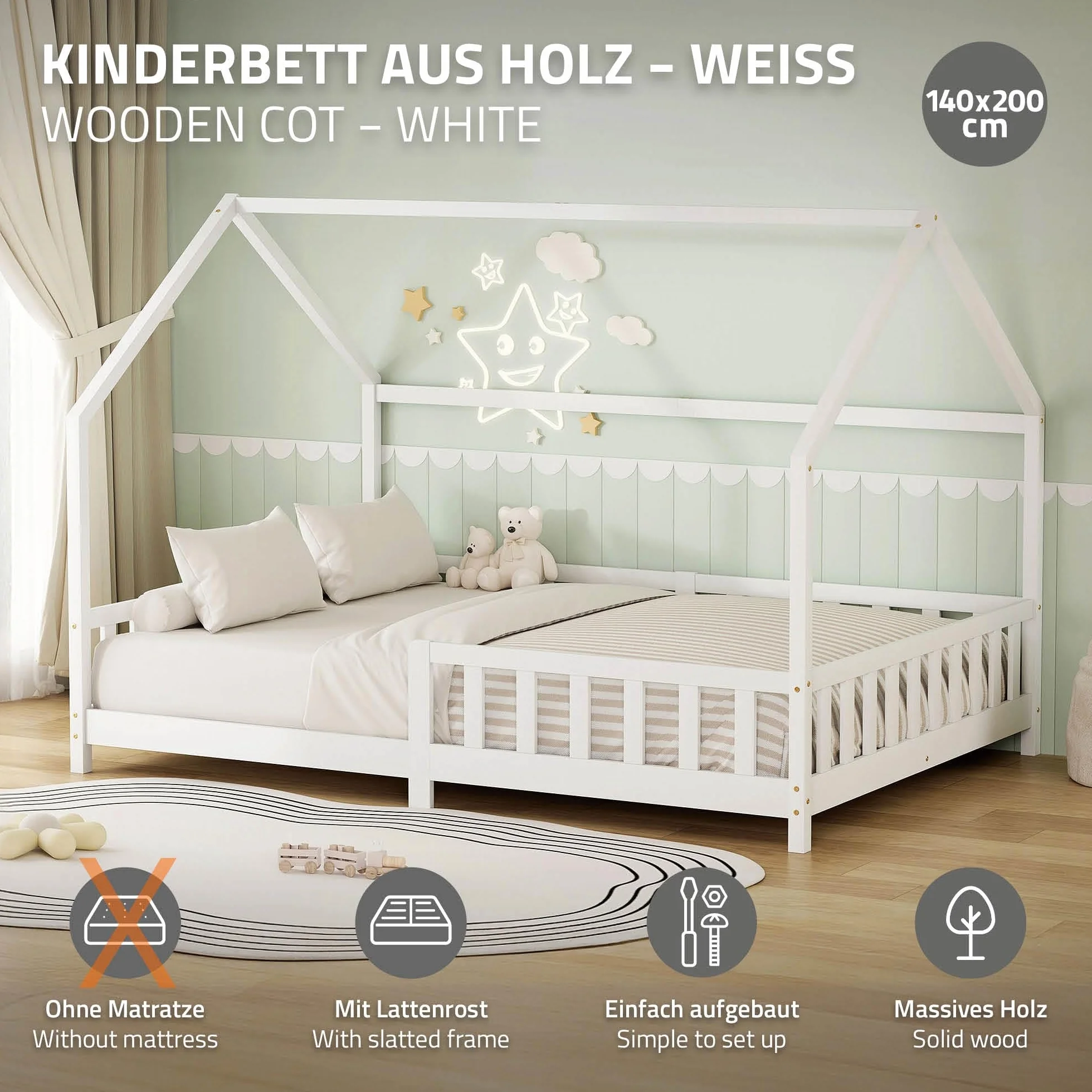 ML-Design Cama Infantil 140x200cm Blanco, con Protección Anticaída, Techo y Somier, Estructura Listones de Madera de Maciza de Pino Lecho Doble Montessori Forma de Casa Mobiliario Juvenil, para Niños