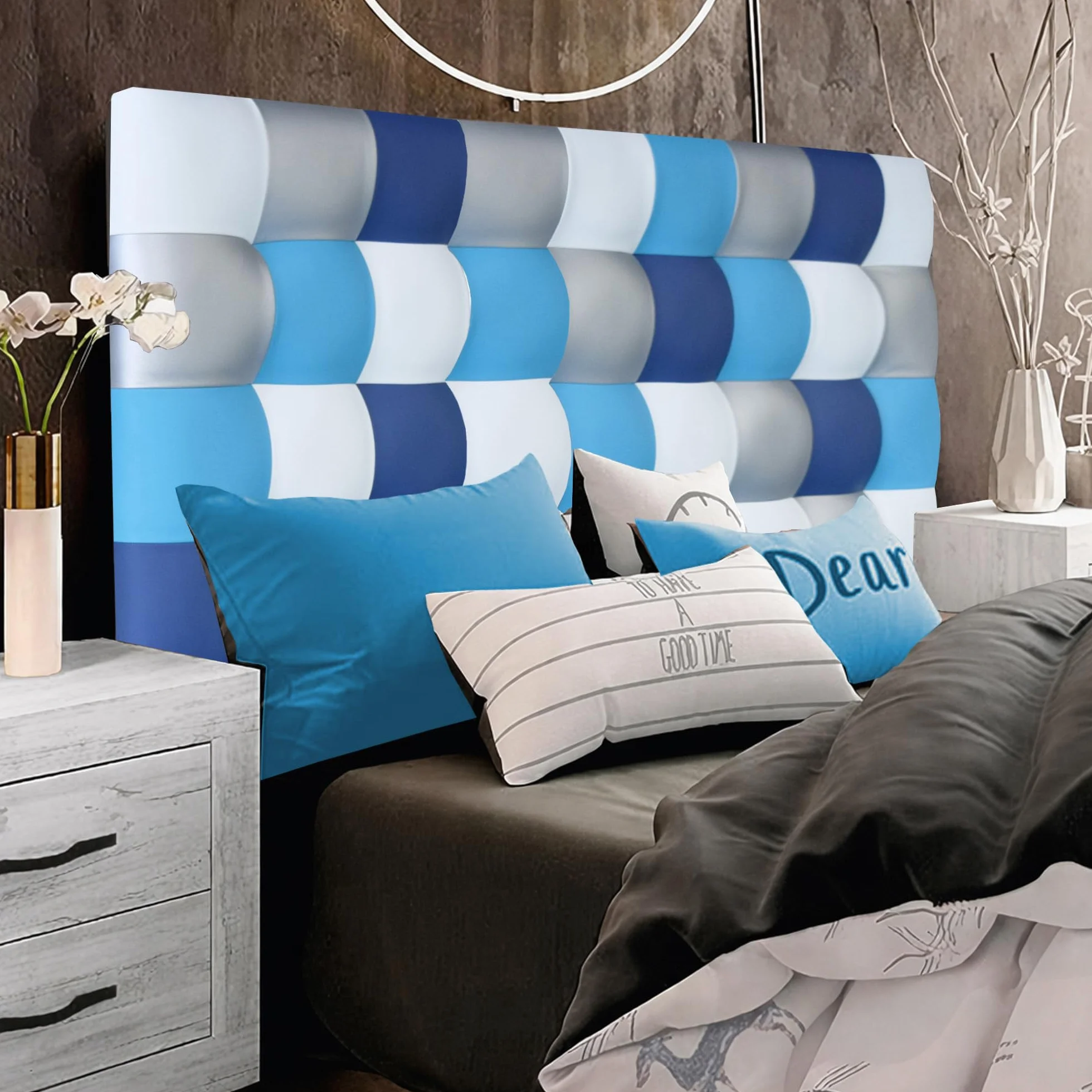 ONEK-DECCO Cabecero de Cama tapizado en Polipiel de Dormitorio Mod. Kansas Patchwork 12,Acolchado de Espuma Varias Medidas, Cama de niño, Juvenil y Matrimonio (150X70, Blanco-Turquesa-Plata-Azul)