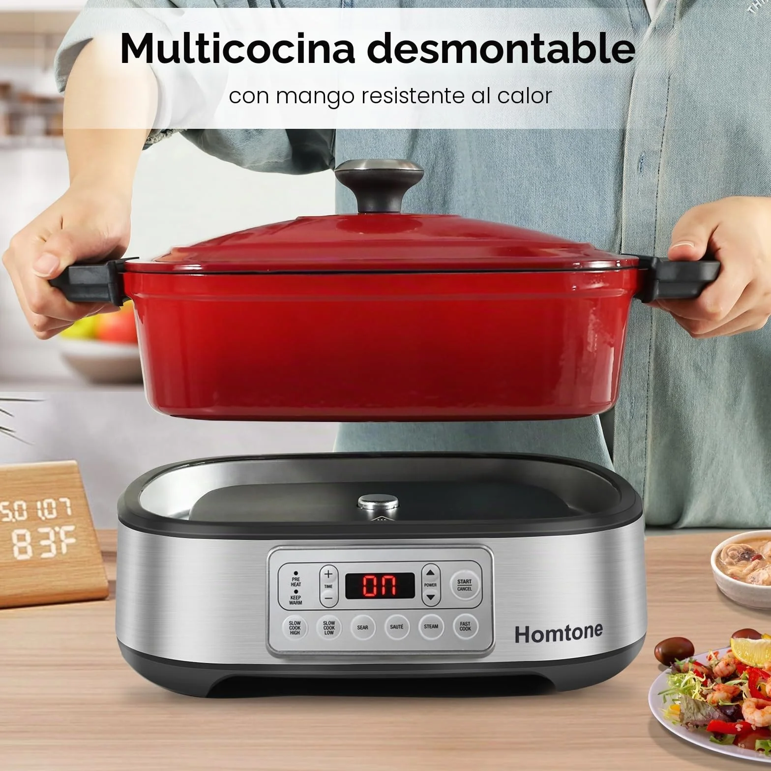 Homtone Cacerola 6 en 1 Slow Cooker 5,5L Programable Esmaltada Extraíble Revestimiento Cerámica Cocción Lenta Vapor Rojo