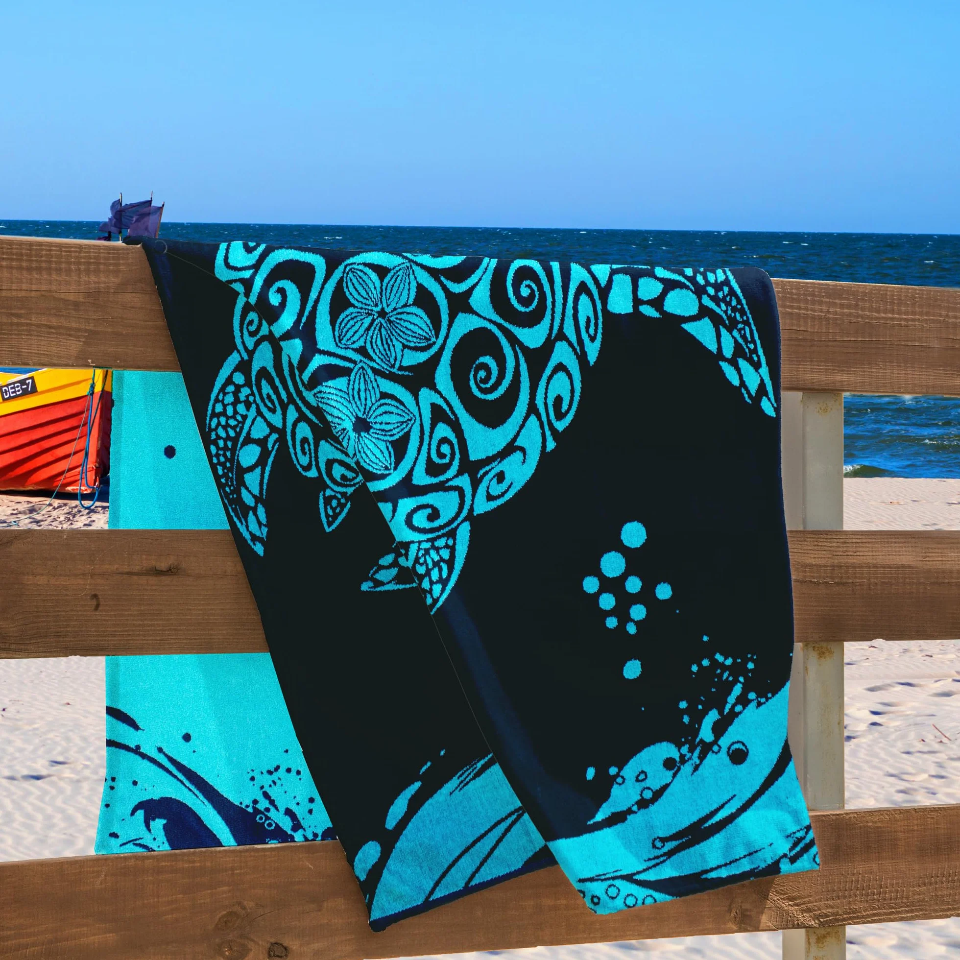Toalla de Playa Grande 90 x 180 cm 100% algodón, Toalla de baño de Terciopelo, Color Azul Oscuro, Azul Marino, Blanco Tortuga
