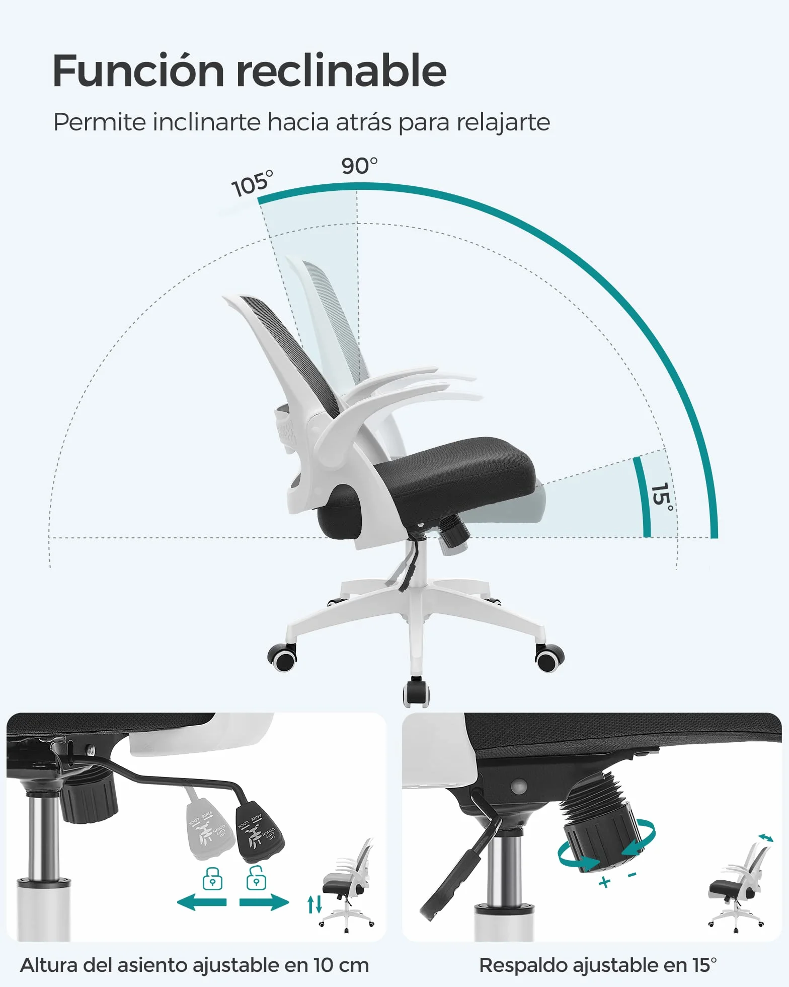 SONGMICS Silla de Oficina Ergonómica Giratoria Altura Ajustable Apoyabrazos Abatibles Blanco y Negro