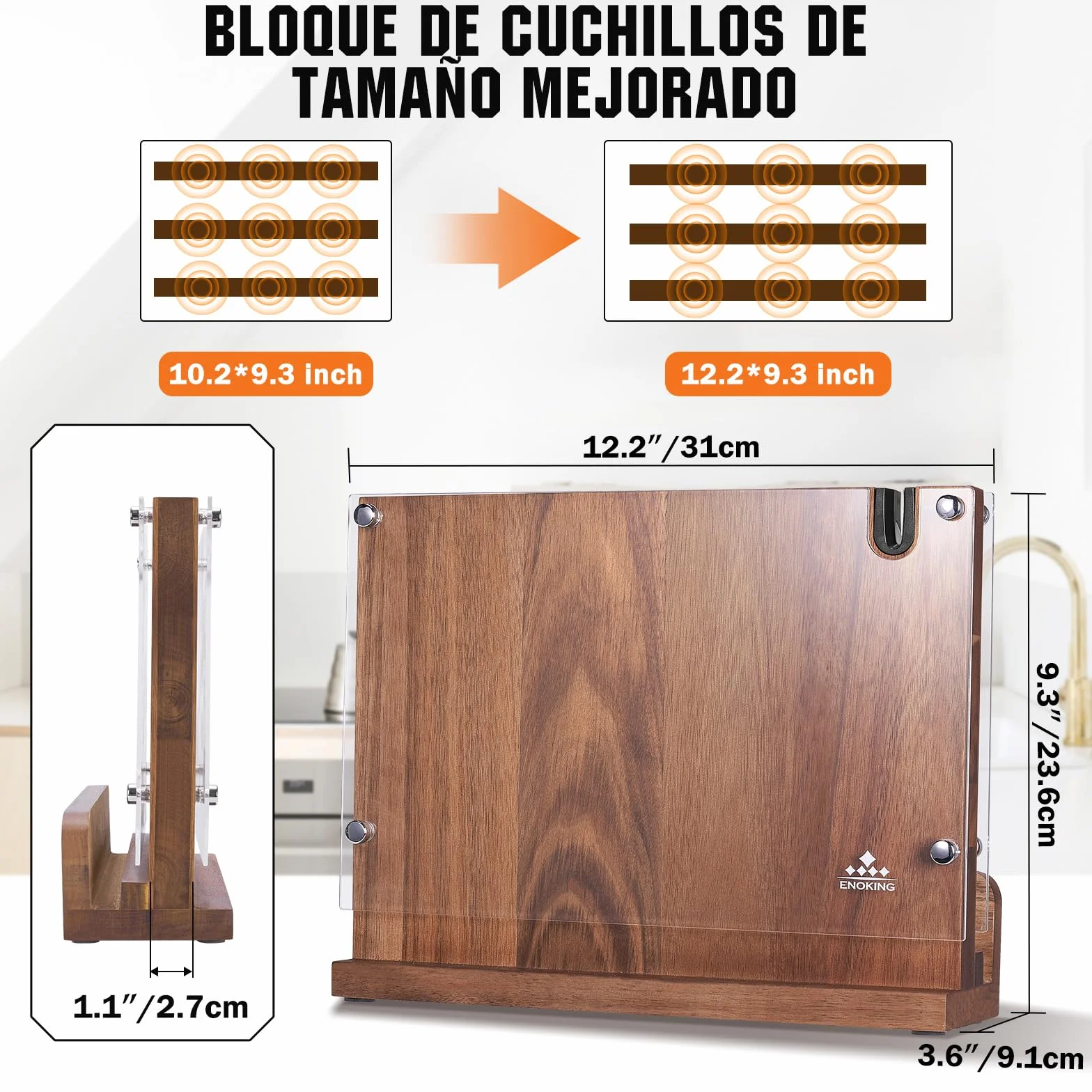 ENOKING Porta Cuchillos Magnético con Afilador, Soporte Doble Lado con Escudo Acrílico, Organizador de Madera de Acacia
