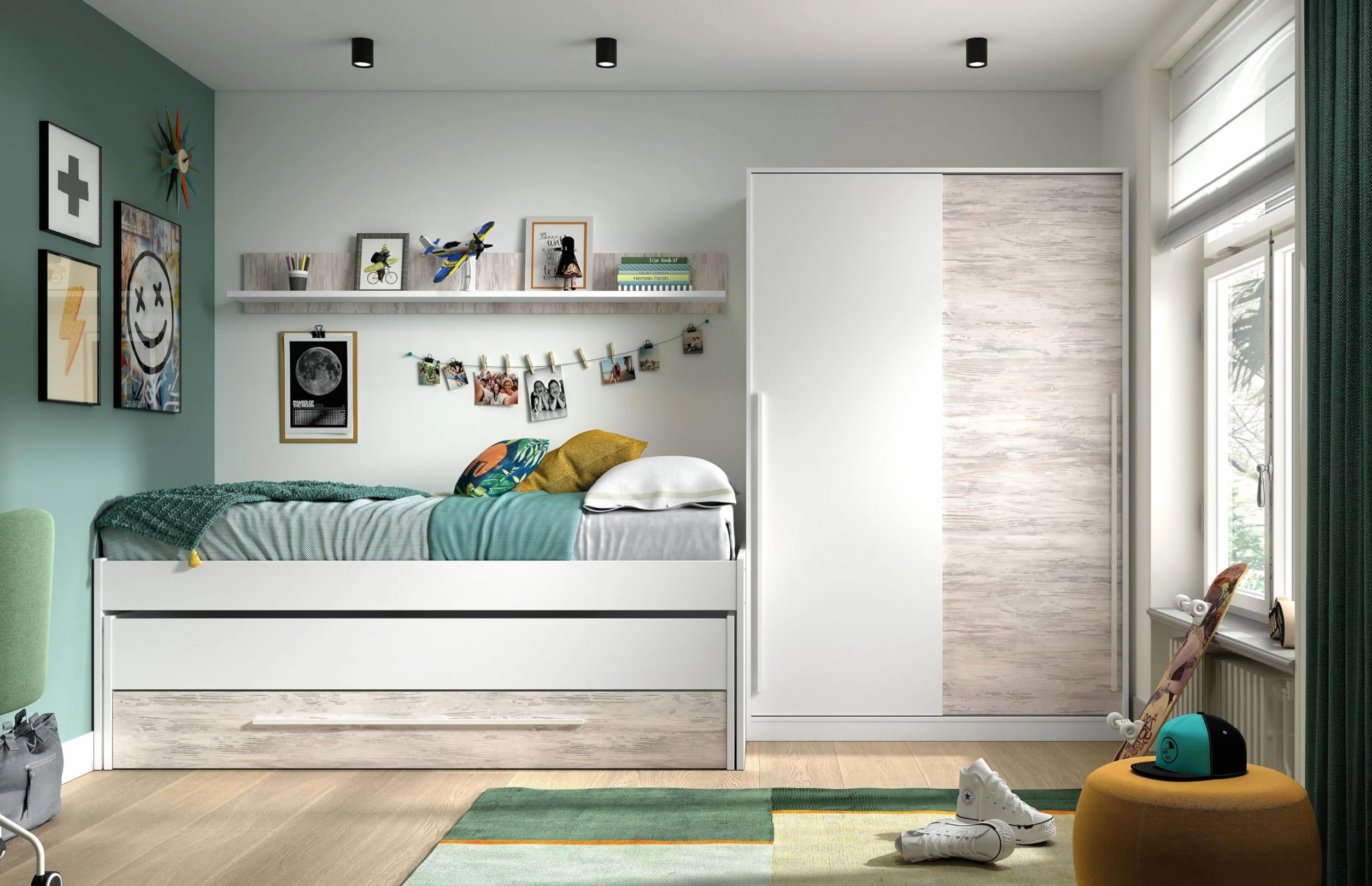 Habitdesign Cama Nido Juvenil 2 Camas Cajon Estante Infantil Blanco 199x96x65 cm