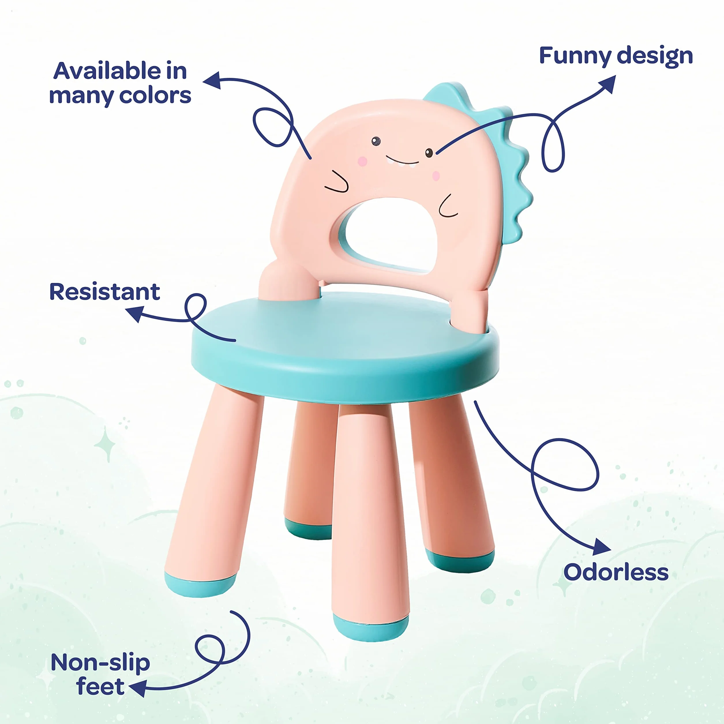 SUPERBE BEBE Silla de plástico para niños - Taburete Infantil - Cómodo, Ligero y Resistente - Apto de 2 a 6 años - Fácil de Limpiar - Asiento ergonómico - Diseño de Dinosaurio