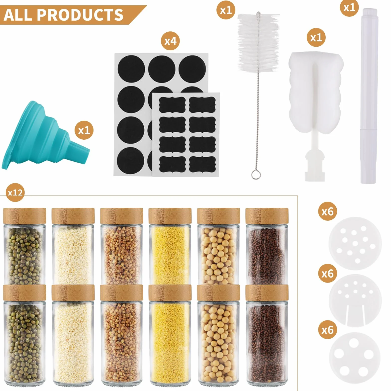 Botes Especias Cristal, 12pcs Tarros Especias 120ml con Tapa Incluye Embudo Tamiz Cepillo Etiquetas Bolígrafo