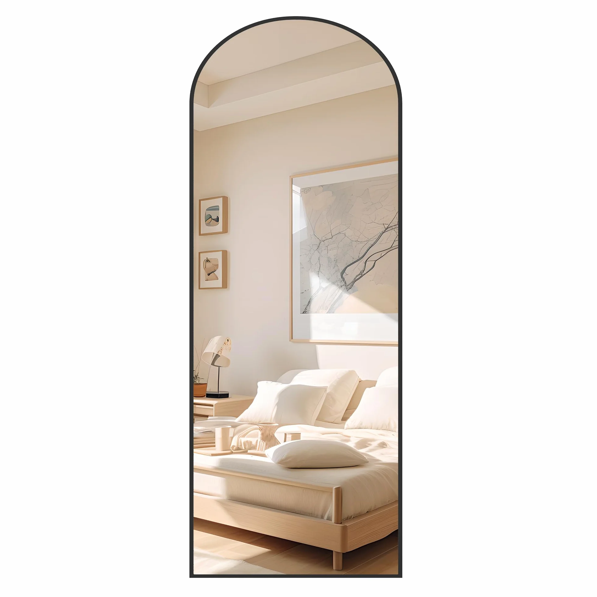 Hzuaneri Espejo de Cuerpo Entero, 160 x 50 cm, Espejo Arqueado con Soporte, con Marco de Aleación de Aluminio, Cristal Templado, Se Puede Montar en la Pared, para Dormitorio, Salón, Negro DM41999B