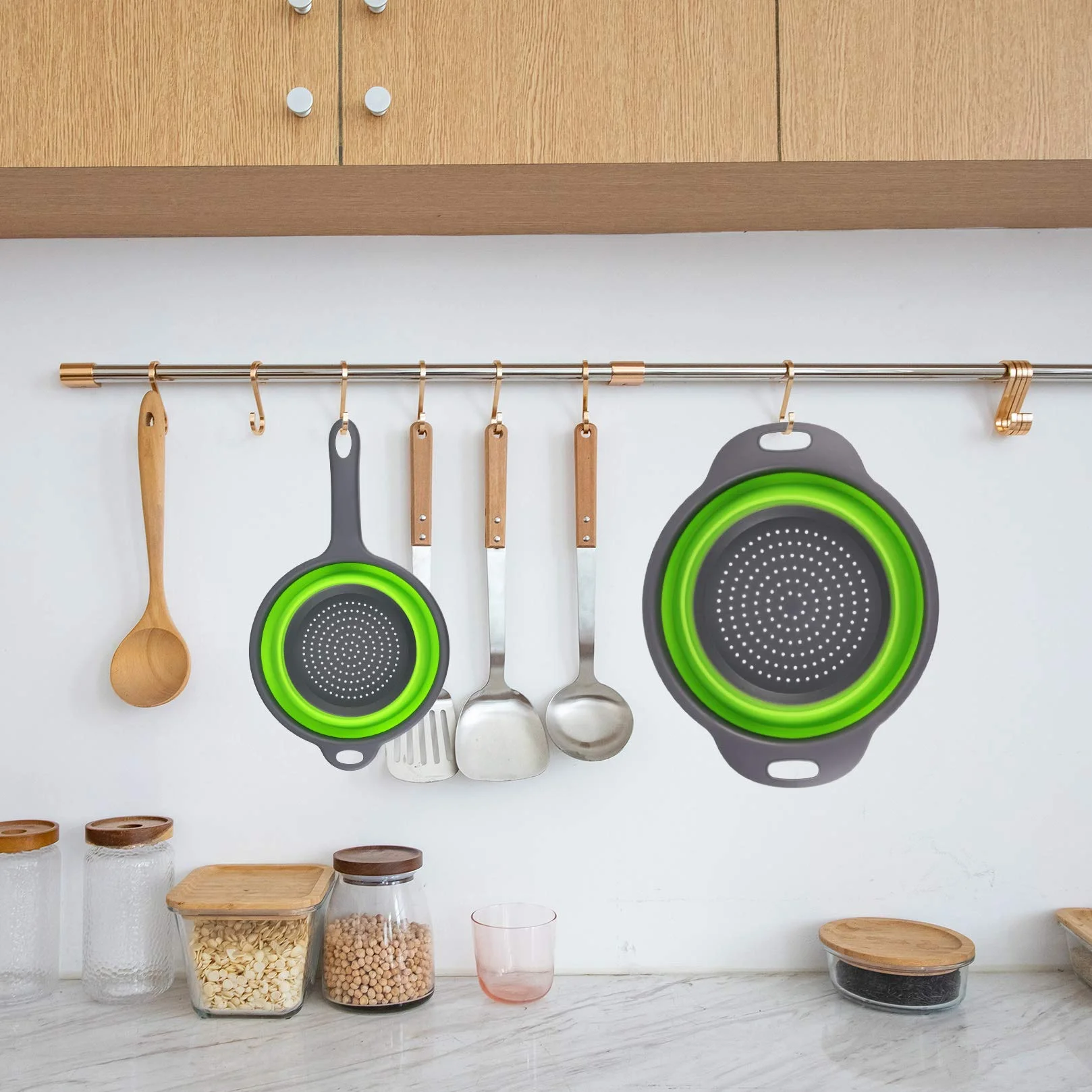 Colador Plegable Silicona con Asa, Cesta de Drenaje para Frutas y Verduras, Colador de Cocina - Verde, 2 Piezas