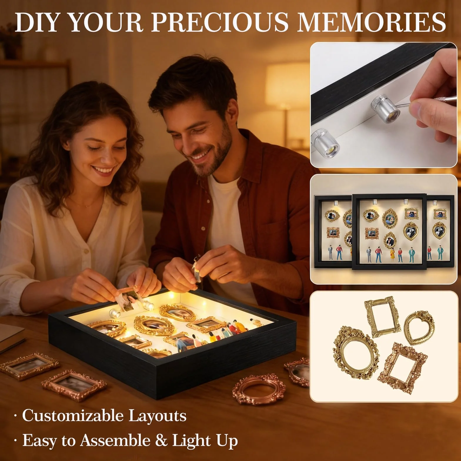 DIY Mini Museum Silhouette Box, Cajas de Sombra Kit con 8 Mini Figuras de Museo y 8 Mini Marcos Dorados