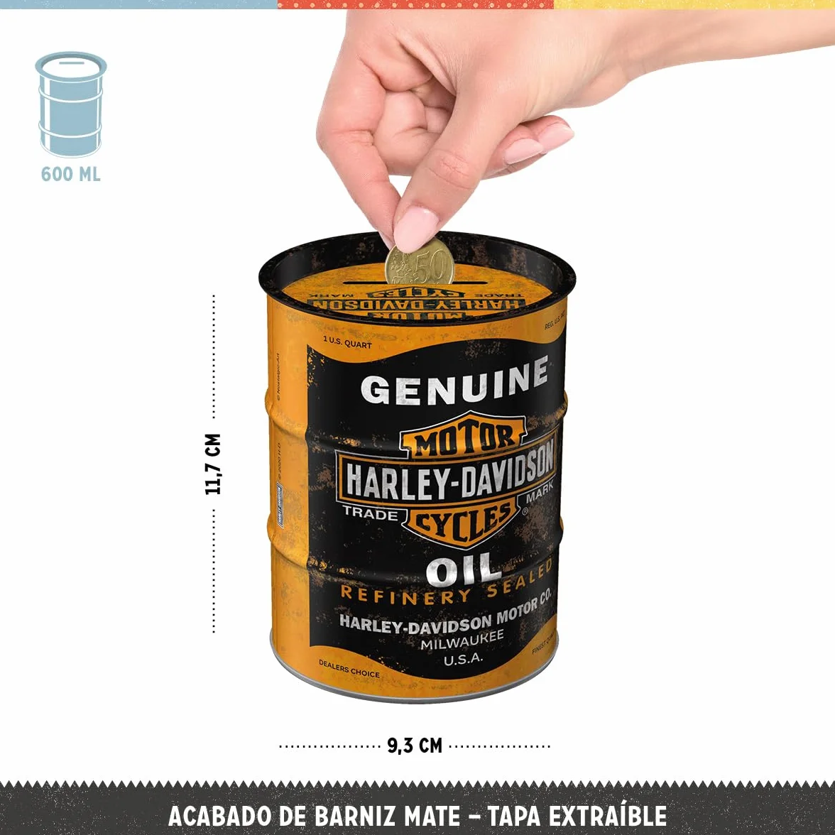 Nostalgic-Art Hucha Retro, 600 ml, Harley-Davidson – Genuine Oil – Idea de Regalo para Moteros, Official License Product (OLP), para Billetes y Monedas, diseño Vintage