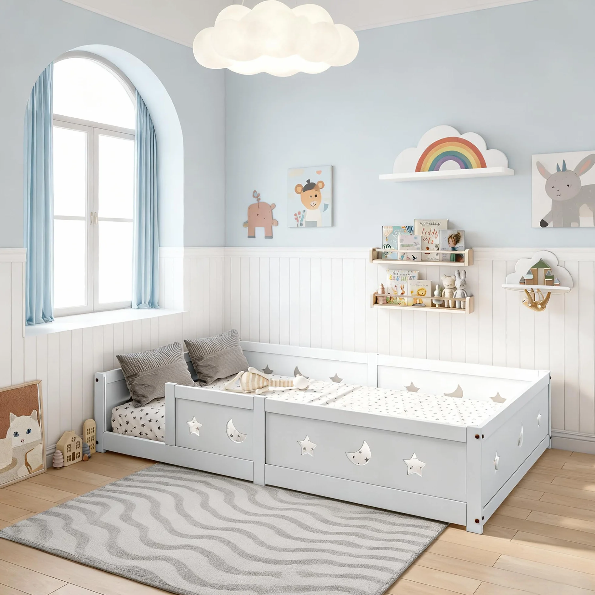 Montessori - Cama de suelo de 90 x 200 cm, con protección anticaída y somier de láminas, diseño de estrellas y luna, cama infantil para niños y niñas, de madera de pino maciza, color blanco (blanco