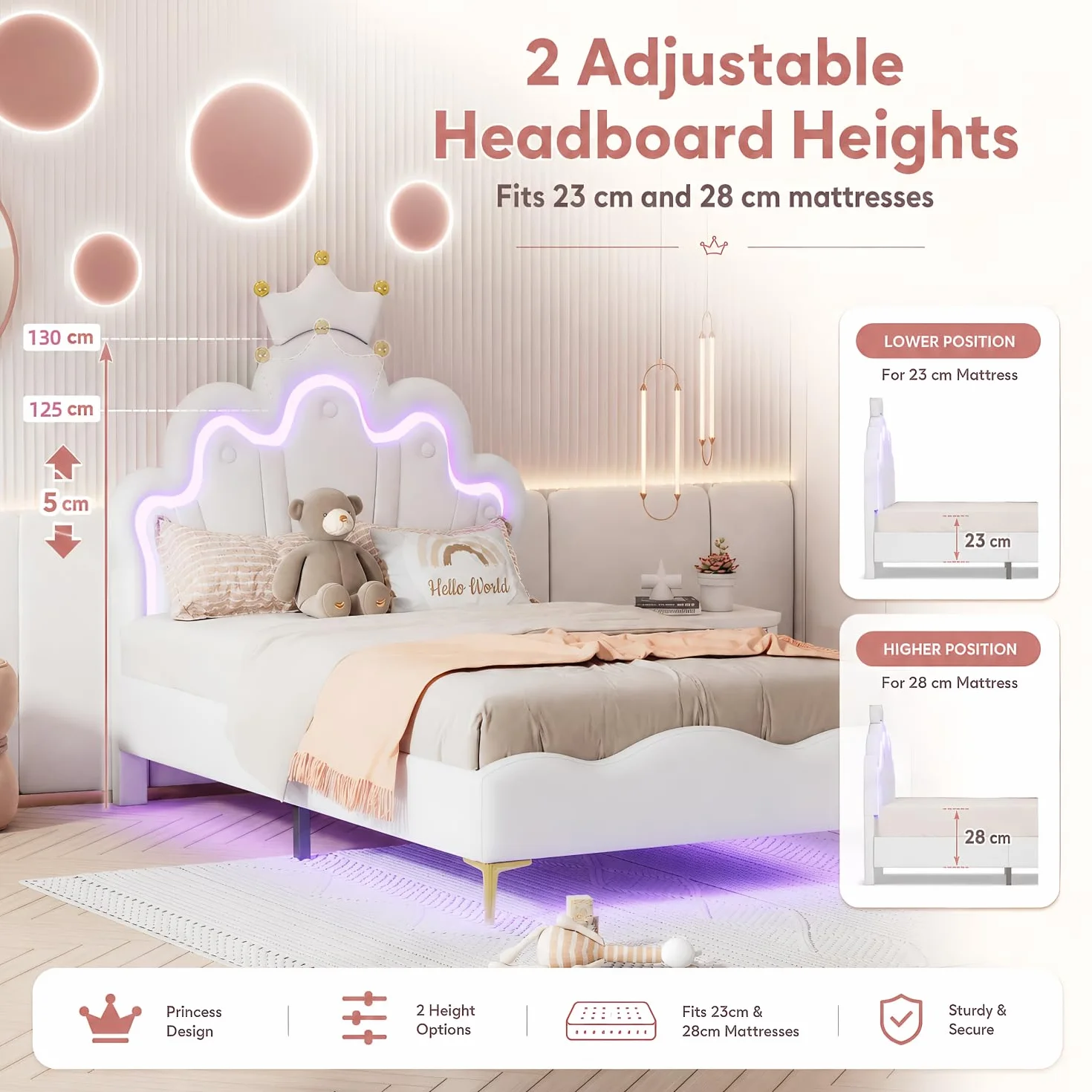 BRILVERDE Cama de Niña 90x200 con LED, Cama Princesa con cabecera coronada, Marco con somier de láminas, para niñas, para niños y adolescentes, PU (blanco, 90x200 cm)