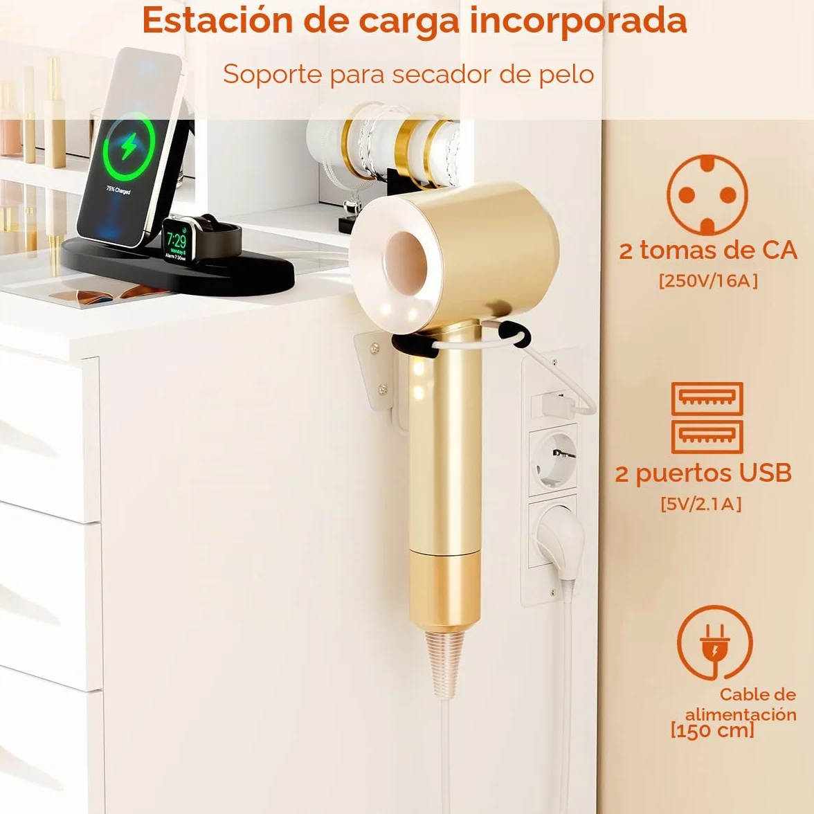 ANWBROAD Grande Tocador con Espejo y Luces LED, Brillo Ajustable,Tapa de Vidrio y Enchufes, Moderno Mesa de Maquillaje con 15 Cajones 9 Estantes Abiertos 8 Ganchos,Tocador de Maquillaje Blanco BDT25W