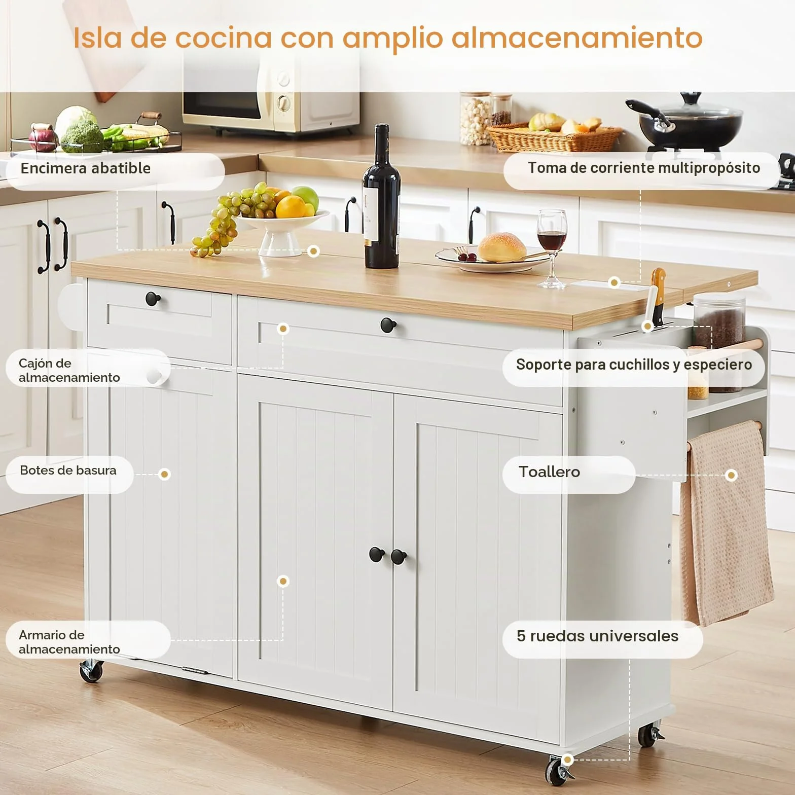 Isla de cocina de 60 pulgadas con toma de corriente y hoja de caída, isla rodante de cocina con estante para especias y toallero, soporte para cuchillos, carrito de isla de cocina con armario de