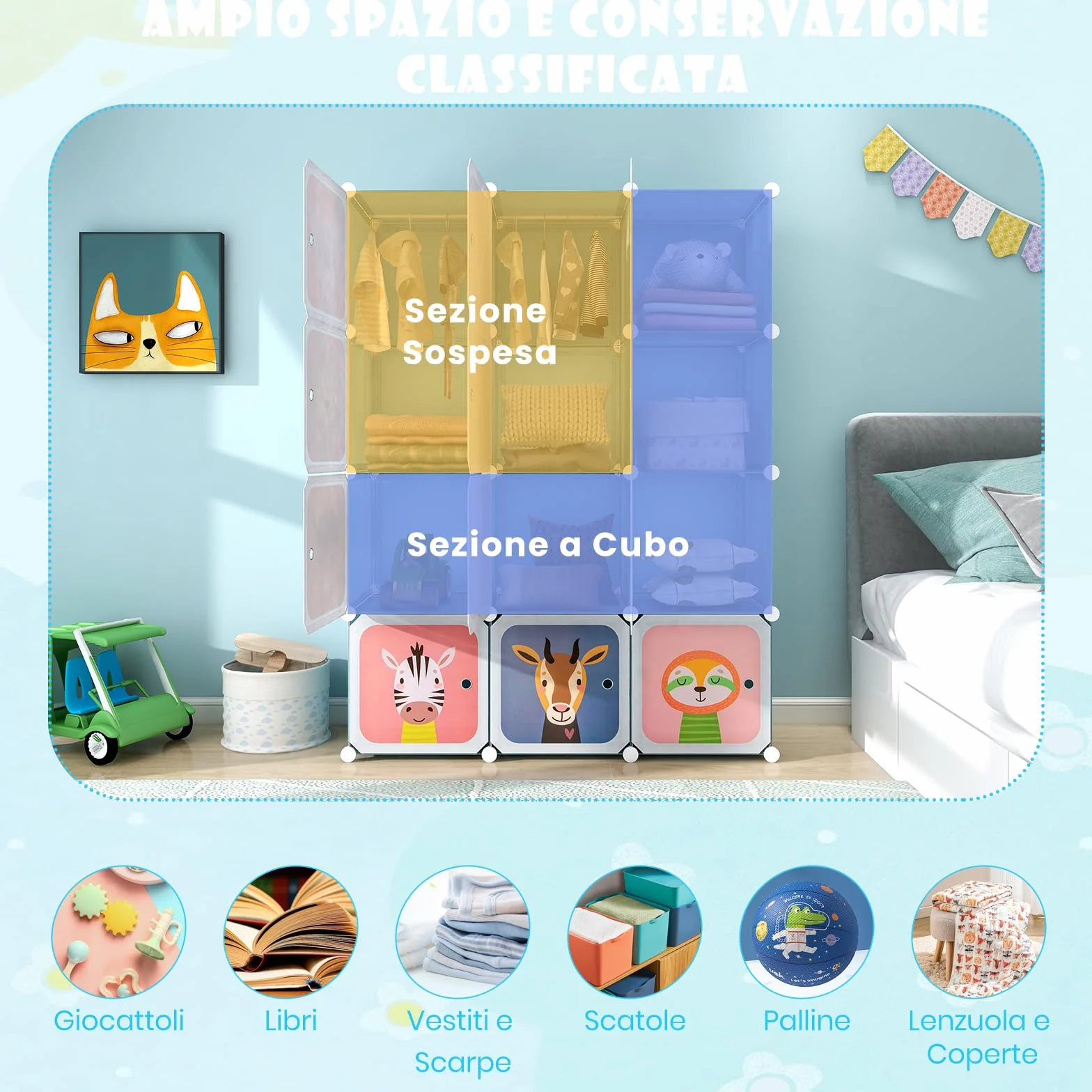RELAX4LIFE Armadio Modulare a 12 Cubi per Bambini con 2 Barre Appendiabiti, Mobile Salvaspazio per Cameretta, Portata 10 KG per Cubo, Azul Animal