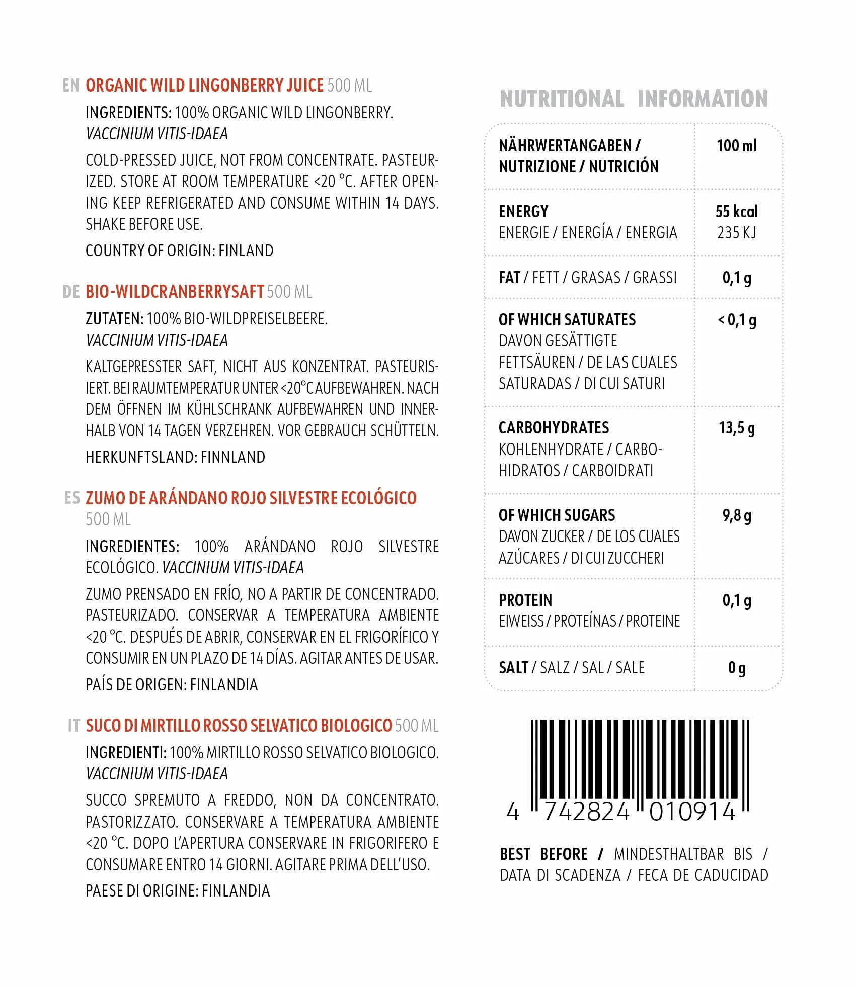 LOOV Zumo de Arándano Rojo Silvestre Orgánico 500 ml 100% arándanos rojos prensados sin azúcar añadido