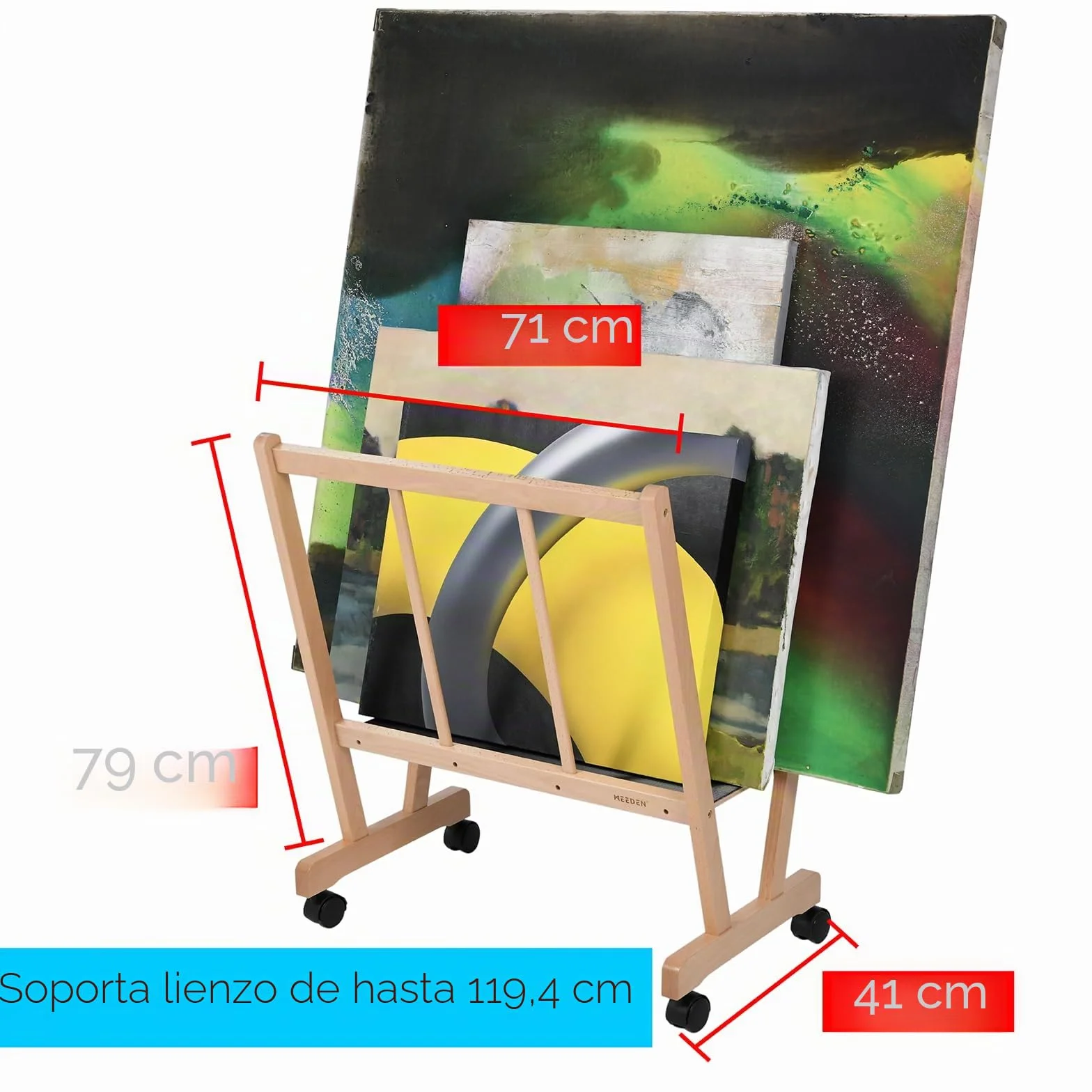 MEEDEN Estante grande de madera para impresión con ruedas, almacenamiento y exhibición de artistas, estante de secado de arte premium, sostiene obras de arte de hasta 47 pulgadas, color natural