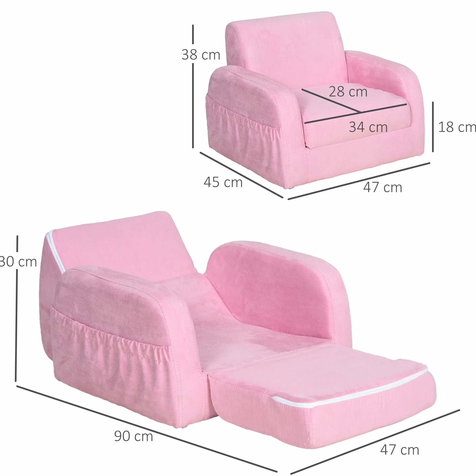 HOMCOM Sillón para Niños de 3 Años Sofá Transformable Diseño 2 en 1 Cama Infantil Plegable de 2 Posiciones con Reposabrazos Asiento Ancho Acolchado 47x45x38 cm Rosa