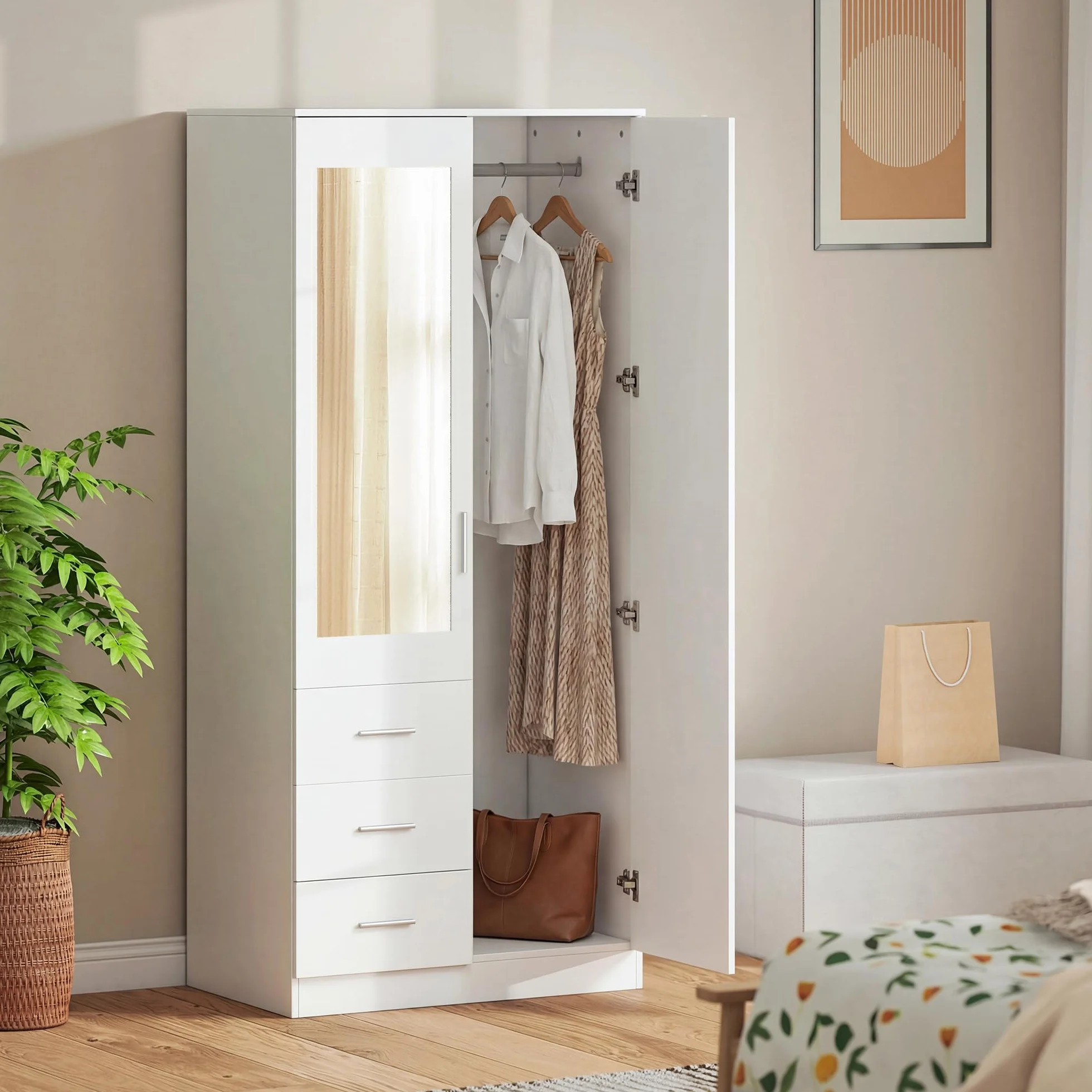 HOMCOM Armario Ropero de 2 Puertas con Espejo 3 Cajones Estantes Ajustables y Barra para Colgar Incluida Mueble Auxiliar para Dormitorio Habitación 80x50x180 cm Blanco