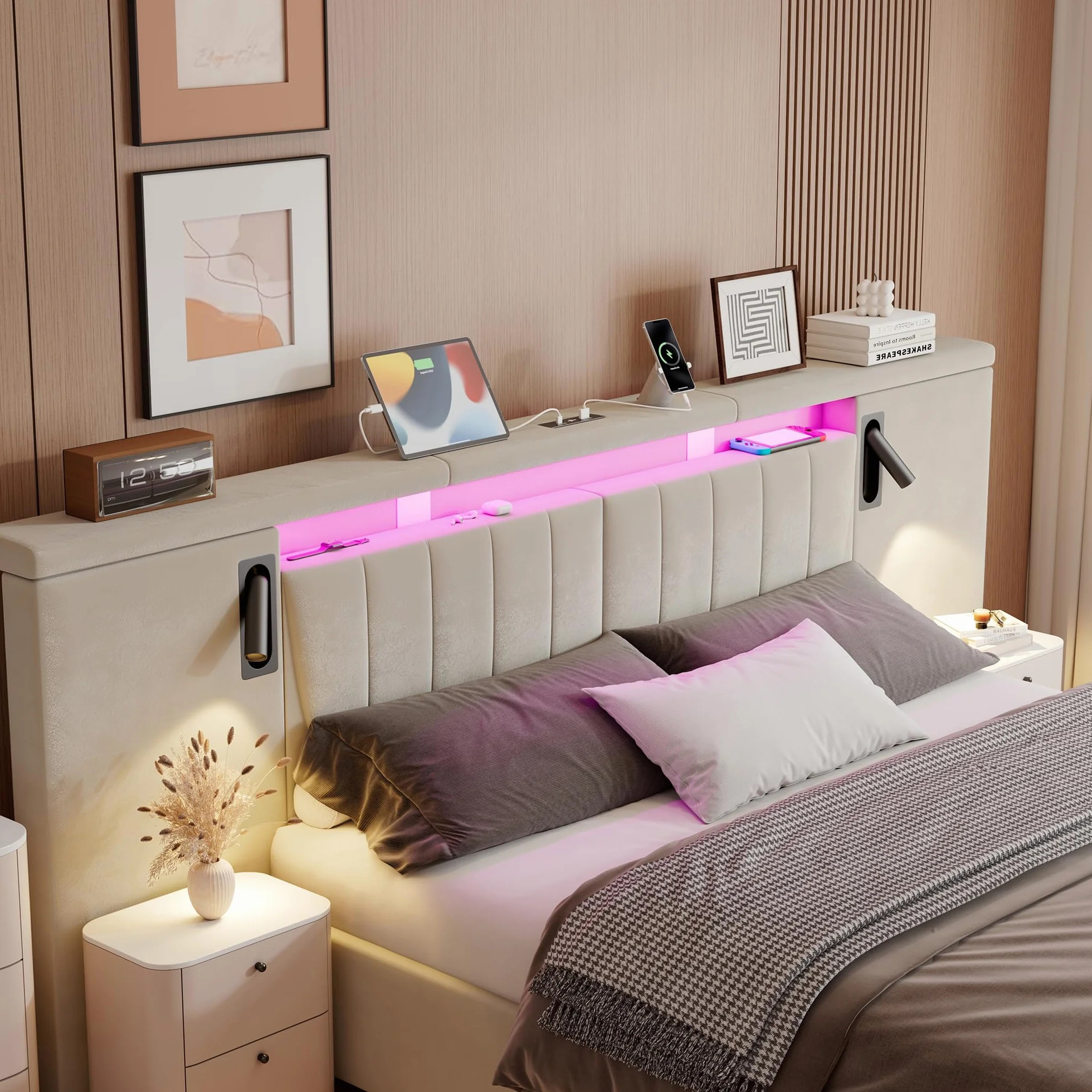 Cama 180x200 Camas Matrimoniales con Almacenaje, Cama Matrimonio con LED y Cabecero, Cama Canape con USB y lámpara de Lectura, Estructura Cama Doble con Somier, Sin Colchón, Terciopelo Beige