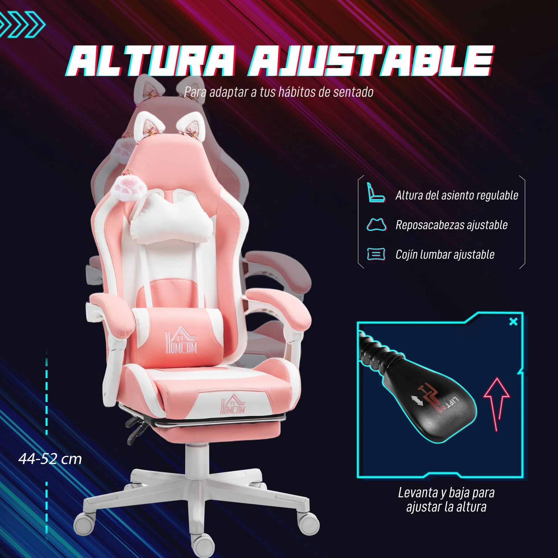 HOMCOM Silla Gaming con Orejas Silla Gamer Reclinable 135° con Altura Ajustable Reposapiés Retráctil Soporte Lumbar Giratorio 360° y Reposacabezas Desmontable Silla para Oficina Estudio Rosa