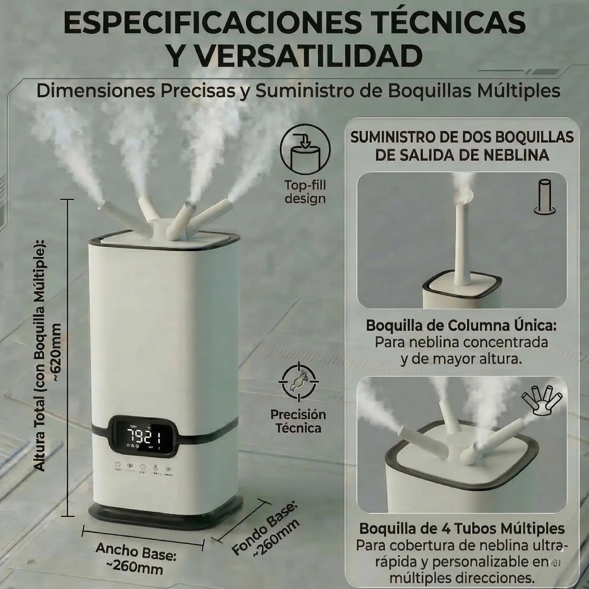 LUMS Humidificador Industrial 16L, Control Inteligente de Humedad, Temporizador, Relleno Superior, 3 Núcleos, Portátil