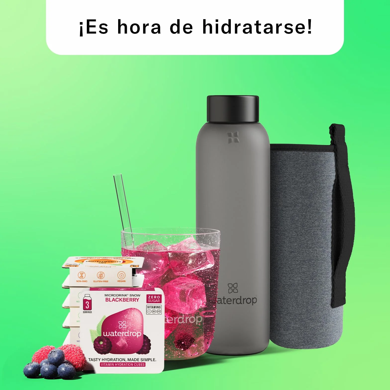 Waterdrop Starter Set, Botella de Vidrio 600ml + 18 Cubos Microdrinks, Saborizantes para Agua, 0 Azúcar