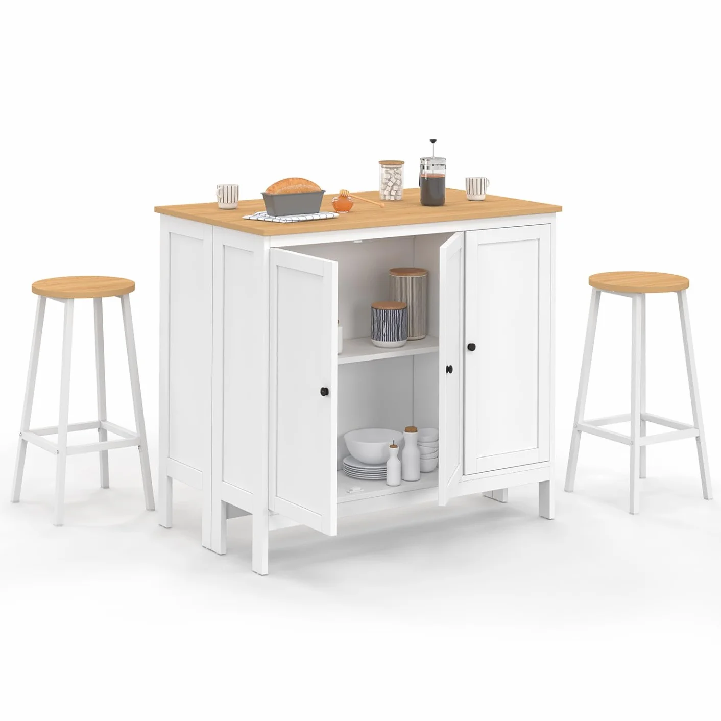 IDMarket – Conjunto de mesa de bar ilot Aquiles y 2 taburetes madera blanca bandeja forma haya