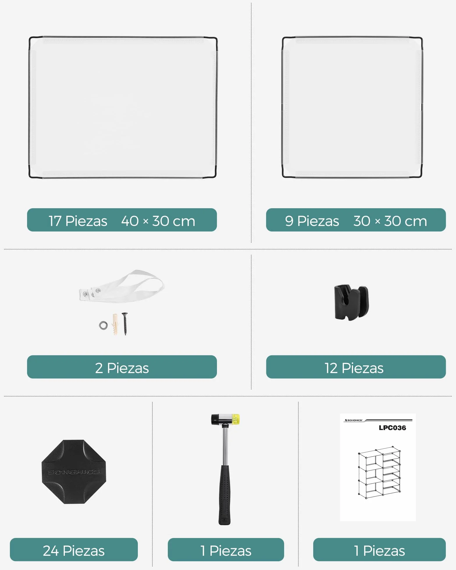 SONGMICS Estantería Modular de 9 Compartimentos, Organizador de Plástico, Zapatero, 30 x 40 x 30 cm, 39 x 40 x 15 cm, Salón, Dormitorio, Estudio, con Martillo de Goma y Hierro, Blanco LPC36W