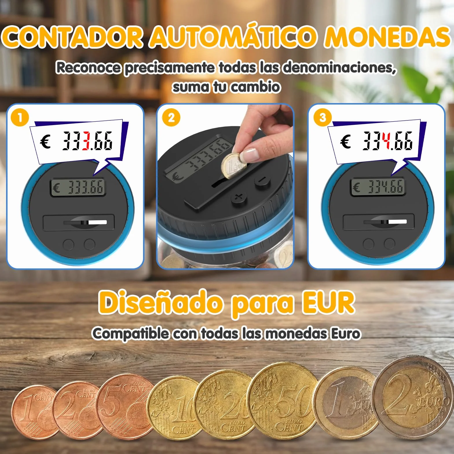 Pup Go Hucha Electronica Digital con Contador y Pantalla LCD, 1.8L Gran Capacidad, Transparente, Cuenta Monedas Euro