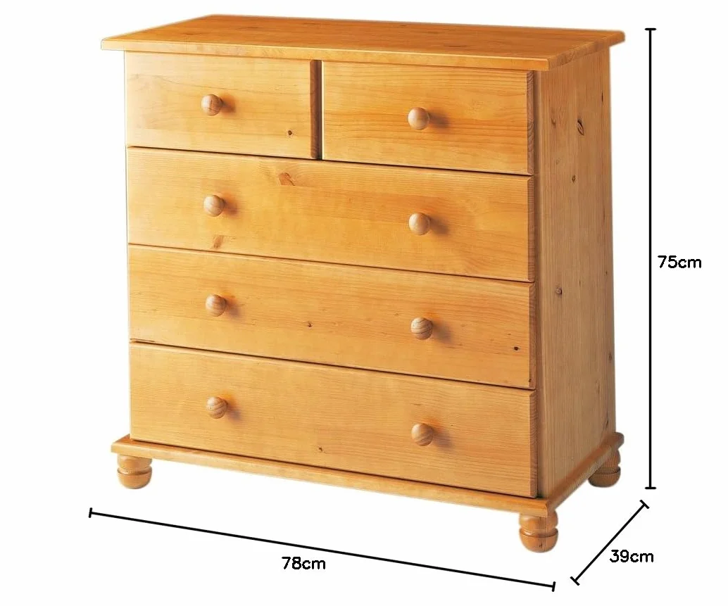 Moblit Comoda de Cinco Cajones Realizada en Madera de Pino Color Miel Serie Canet Medidas (81x78x39) cm. (Alto-Ancho-Fondo)