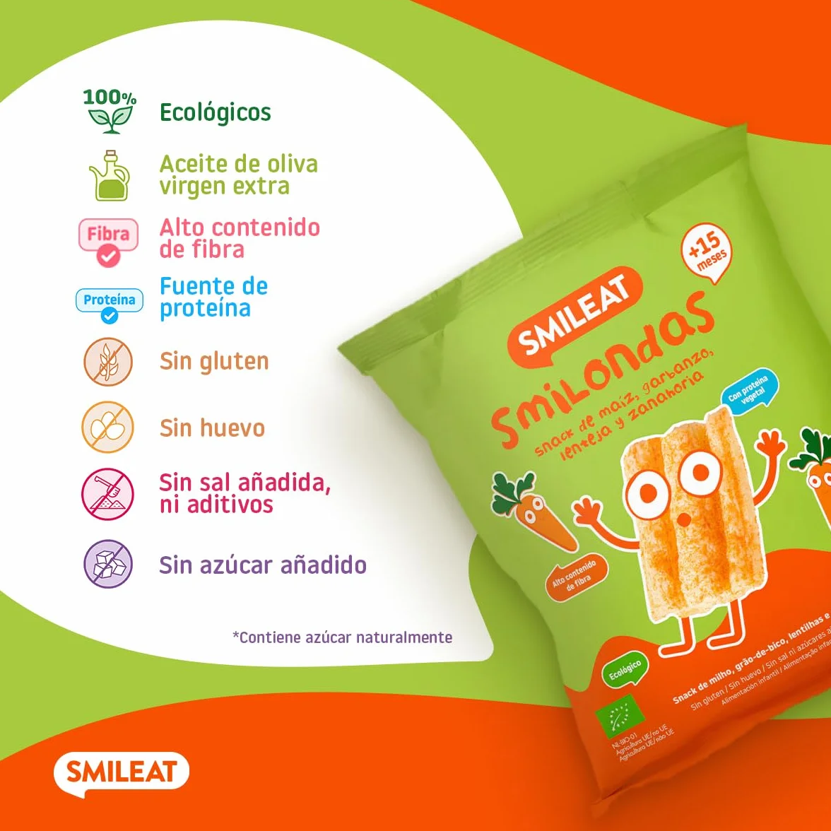 Smileat Smilondas Snack Ecológico Maíz Garbanzo Lenteja Zanahoría Horneadas Ingredientes Reales Bebés 15 Meses 1x25g
