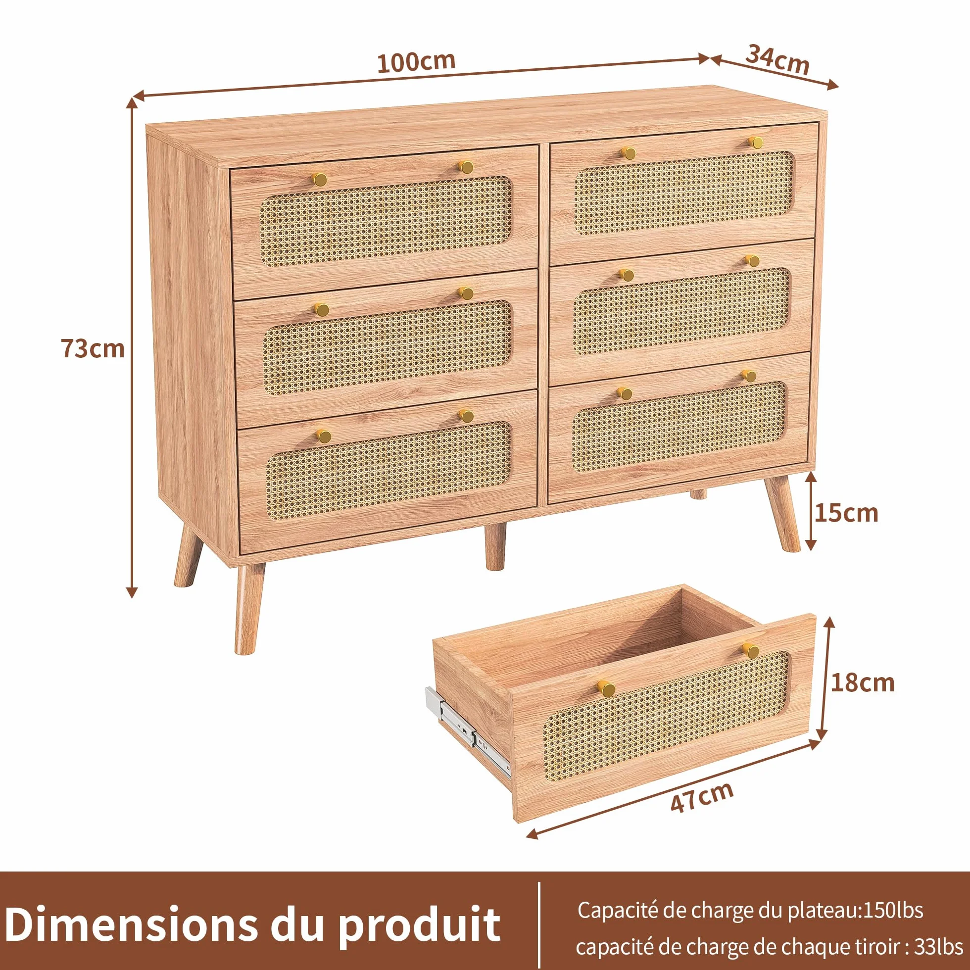 FOERPL Cómoda con 6 Cajones, 100 x 34 x 73 cm, Cómoda de Madera y Ratán, Mueble de Almacenamiento de Madera para Oficina, Salón o Dormitorio, Ratán PE