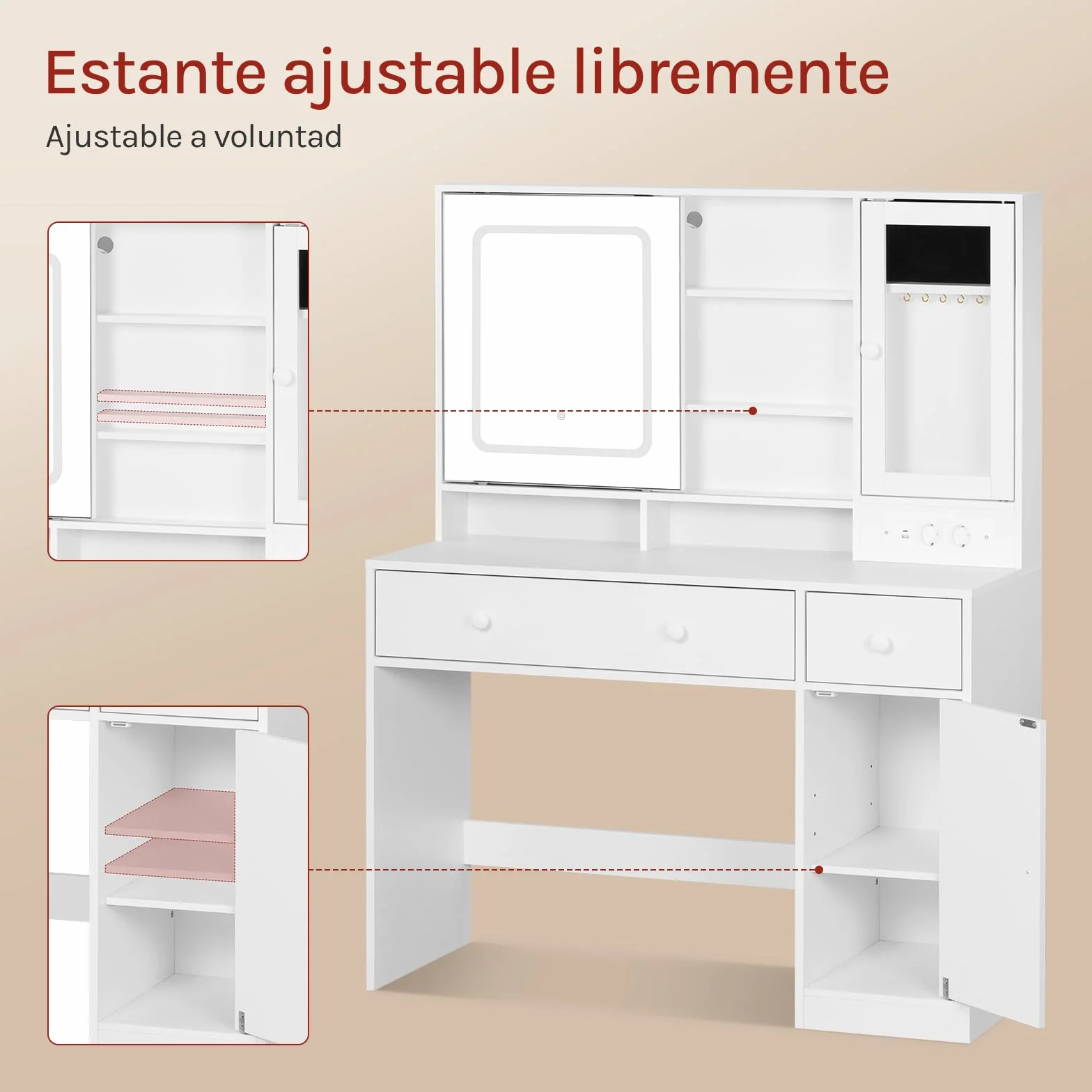 WOLTU Tocador Maquillaje con Joyero, Espejo Luz LED Ajustable, Mesa Tocador Maquillaje con Enchufes, Cajones y Estantes, Blanca, MB6125ws