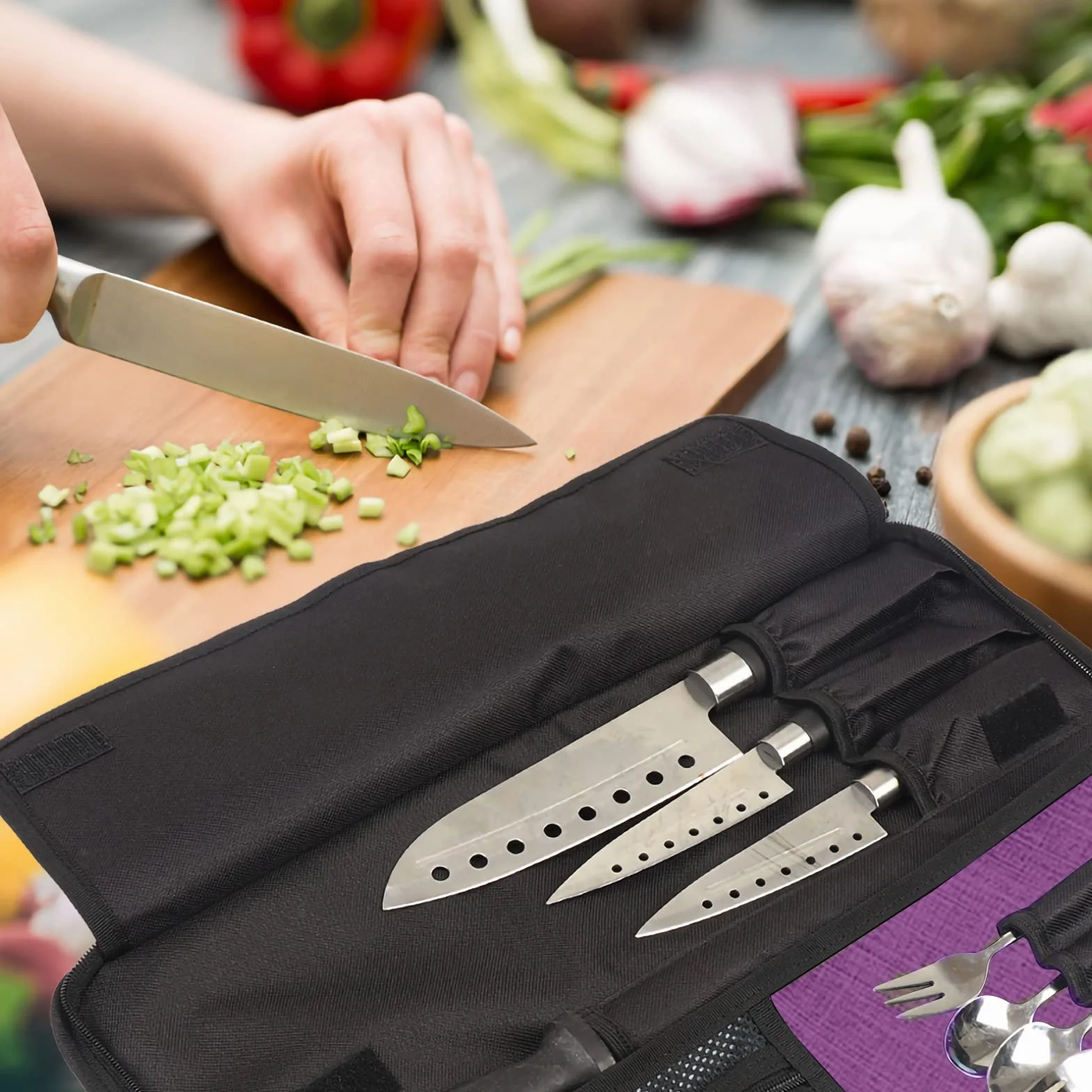 Qchengsan Bolsa Enrollable para Cuchillos de Chef Oxford, 13 Ranuras, Portátil