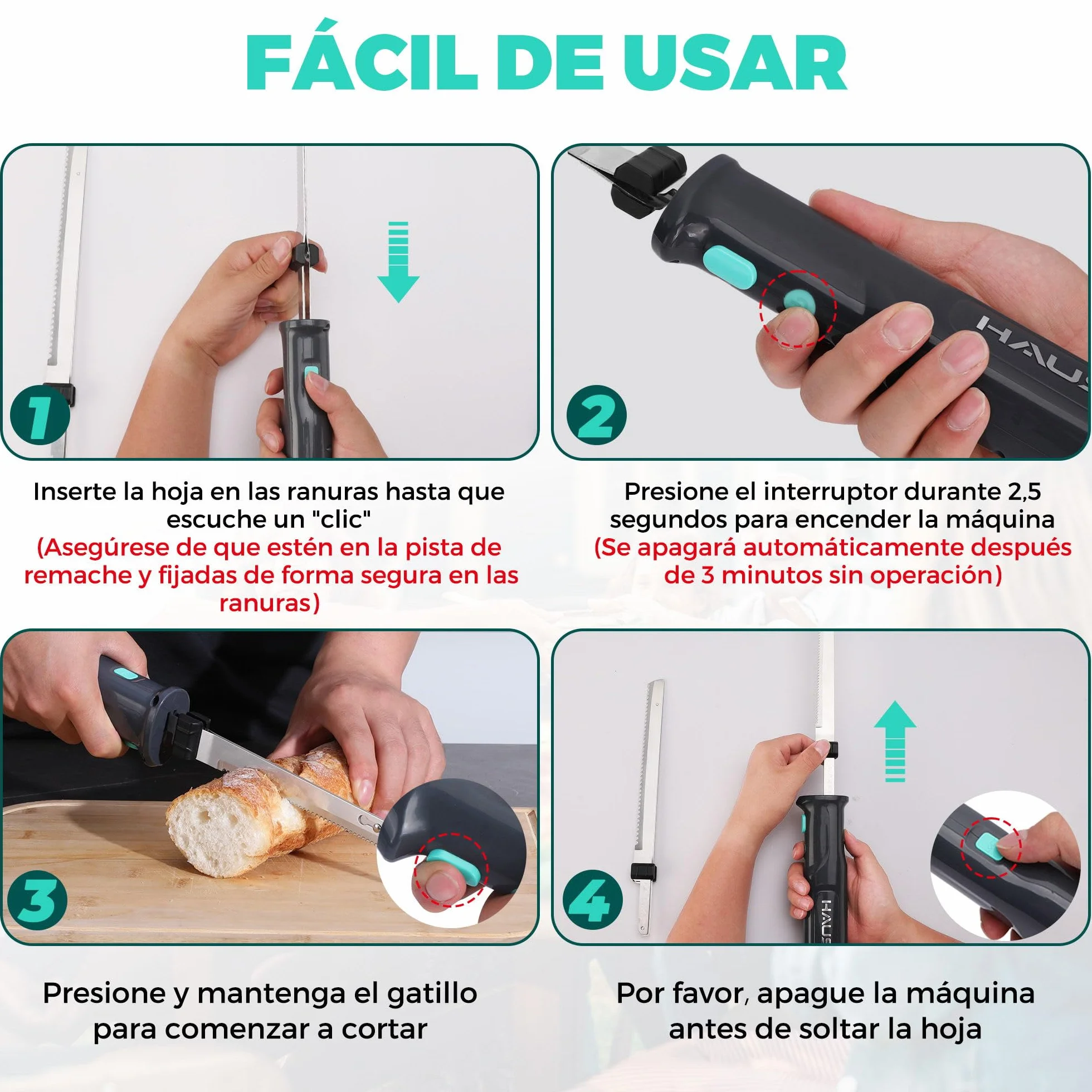 HAUSHOF Cuchillo Eléctrico 8V - Cuchillo de Cocina Inalámbrico, 2 Hojas de Acero Inoxidable, Tenedor Incluido, Apto para Lavavajillas, con Caja de Almacenamiento, Ideal para Carne, Pan, Jamón y Queso